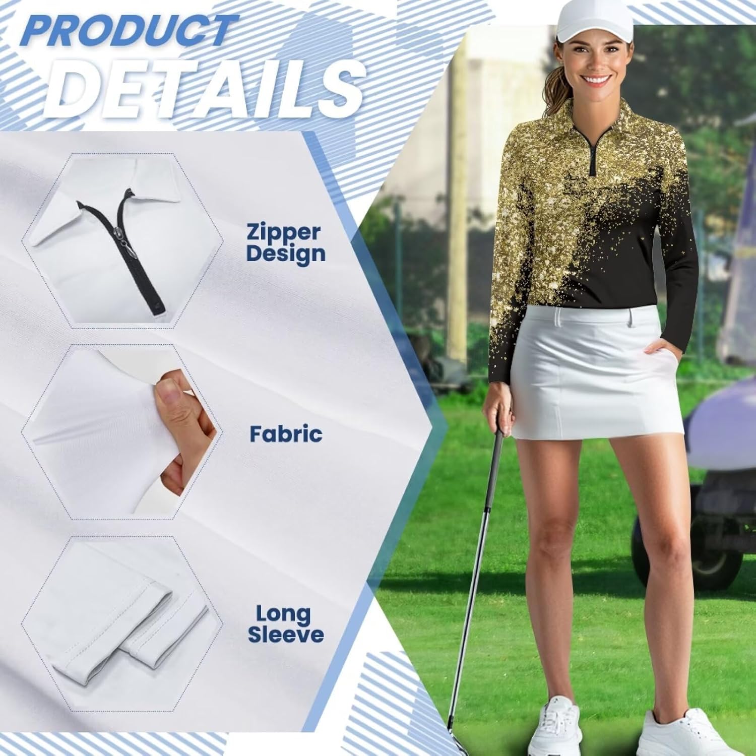 Boatee Gold Glitter Print Women Sport Cloth Golf Tennis Shirts Soft and Comfortable Quarter Zip with Collar Shirt Machine Washable for Golf,Tennis,Hiking,Running,Gym