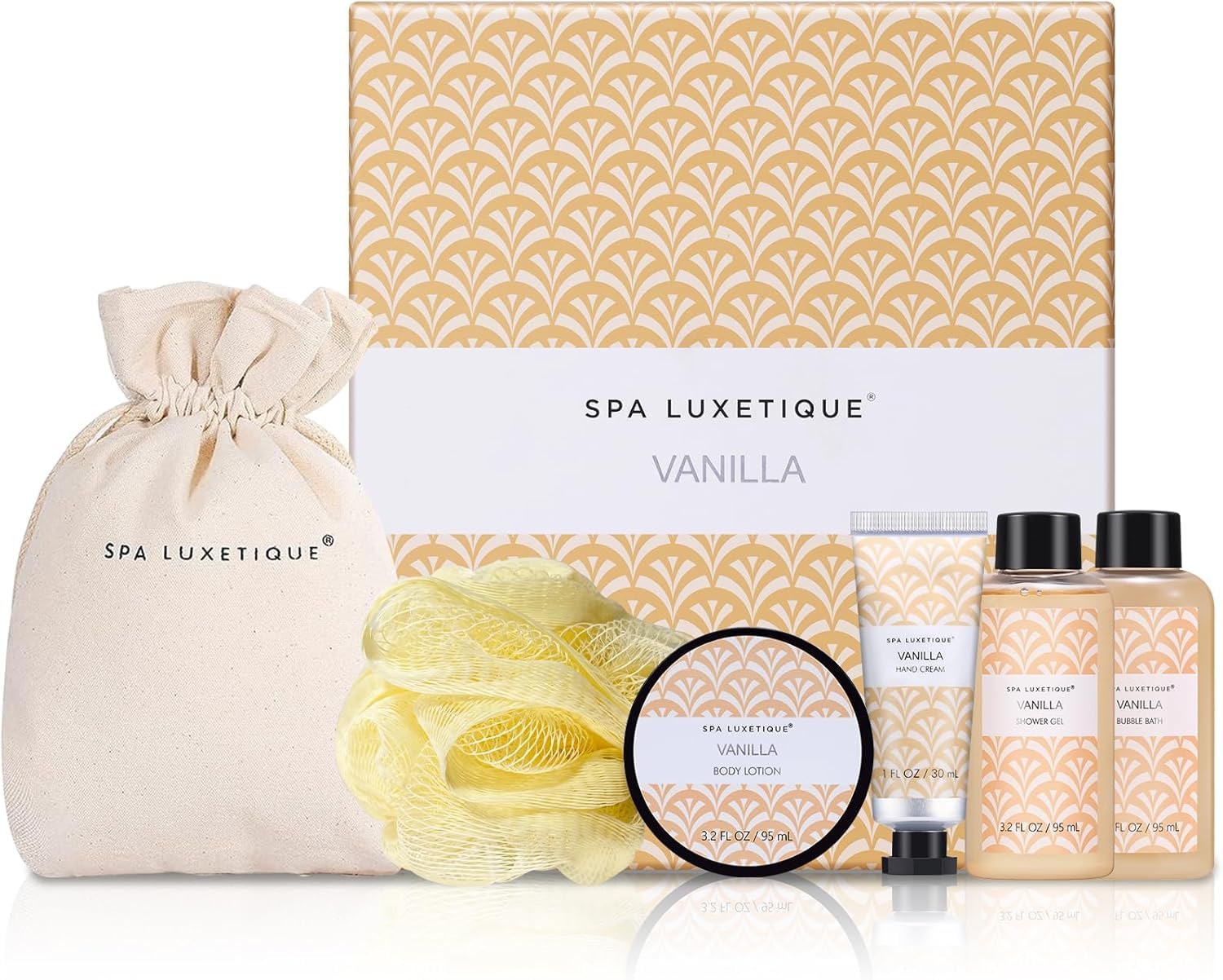 SPA LUXETIQUE Set de Regalo de Baño para Mujer - Set de cuidado con aroma de vainilla con gel de ducha tamaño viaje, loción corporal, baño de burbujas, crema de manos, bolsa de lino con cordón
