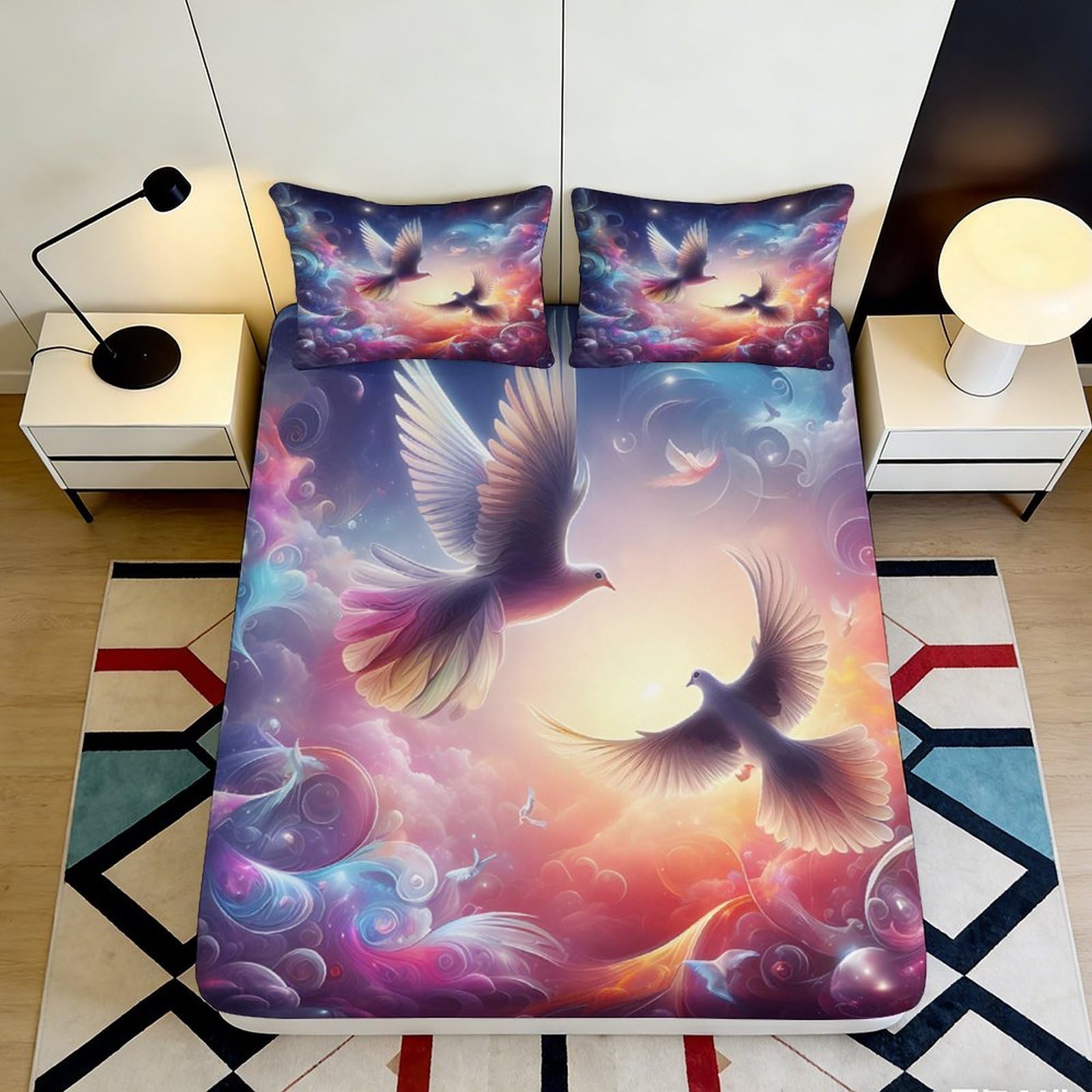 Kzqnxhjprl Style-2 3D Printed Sunrise Birds Fitted Sheet Microfiber Soft Colorful Cloud Mattress Cover For Bedroom Guest Room Decor 90X200x25cm