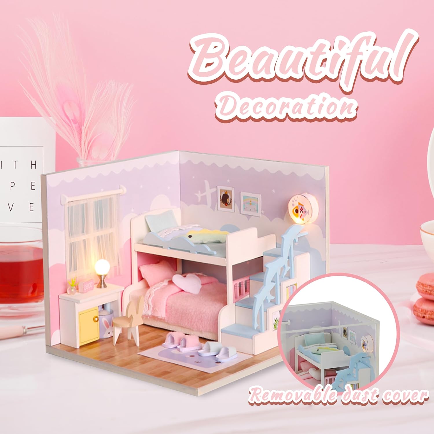 Kisoy Dollhouse Miniature with Furniture Kit, DIY 3D Wooden DIY House Kit A Corner of a Small Apartment Style with Dust Cover & LED,Handmade Tiny House Toys for Teenagers and Adults Gift (Bedroom)
