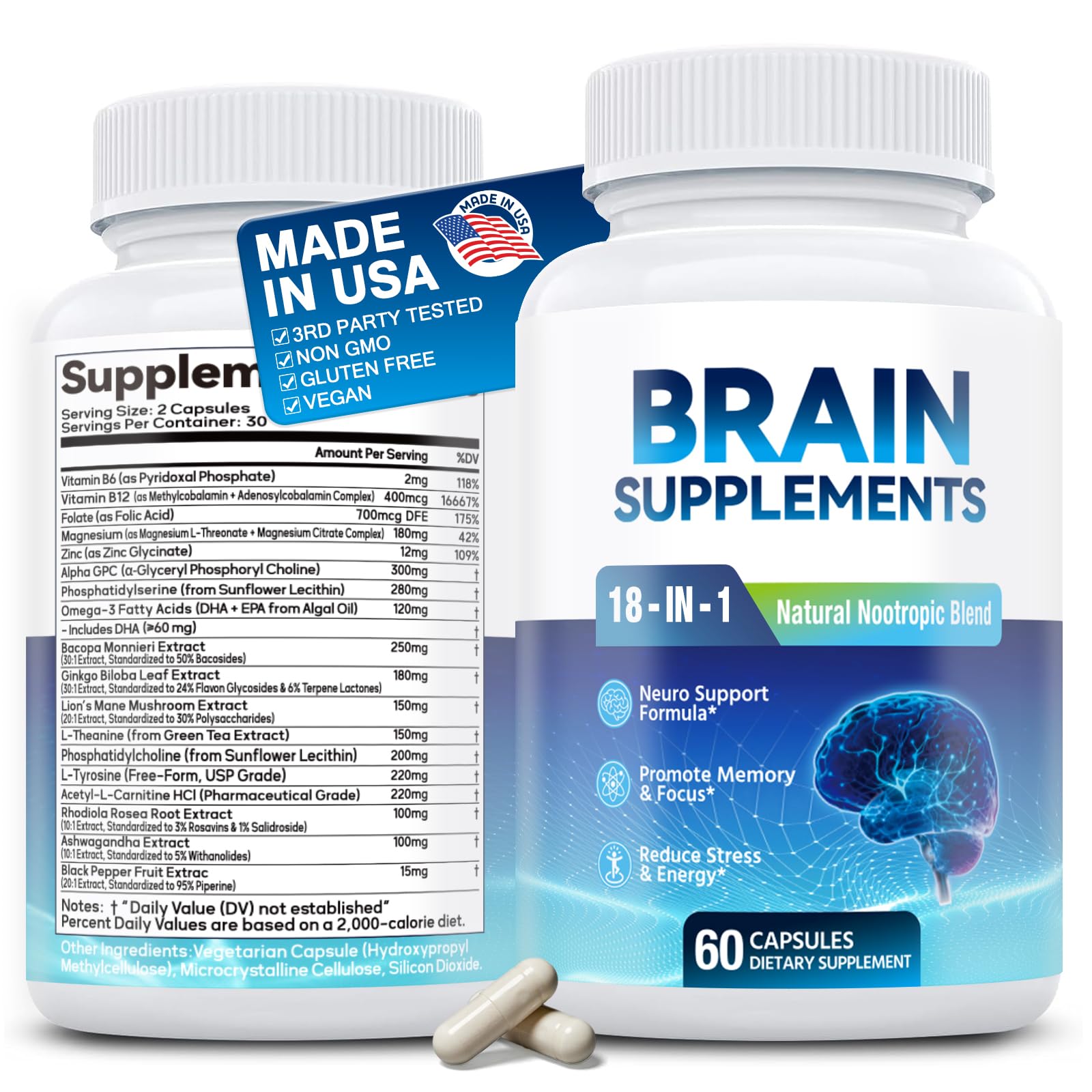 18-in-1 Nootropic Supplement Capsules - 60 Count Vegan Non-GMO 60 Count (Pack of 1)