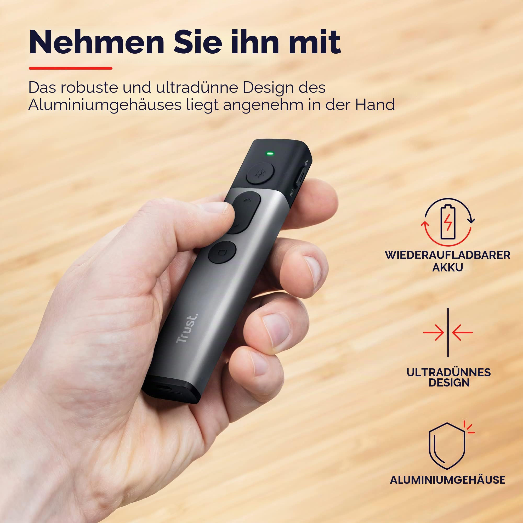 Trust Kazun Drahtlose Laser Präsentationshilfe mit 4 Powerpoint-Funktionen, Ultraflachen Design, Aluminiumgehäuse, Extra Große Reichweite 30 m, für PC/Laptop - Grau