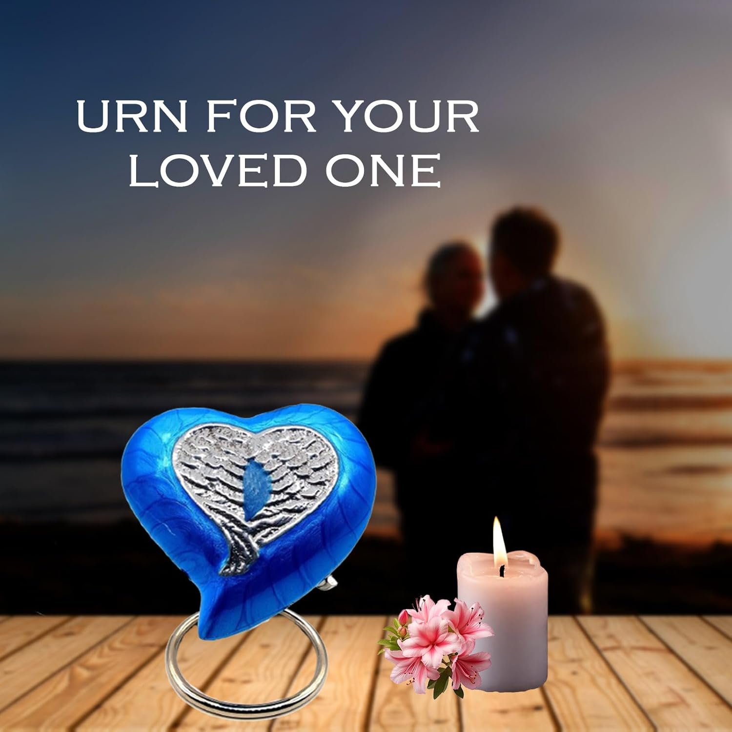 Angel Wings Heart Cremation Urn for Human Ashes Adult Funeral Decorative Urn for Women and Men Handcrafted Keepsake Cremation Heart Shaped Urn Comes with Stand & Gift Box (Blue)
