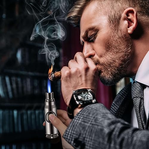 Miniatura 10 de Navpeak Encendedor de butano resistente al viento, encendedor de llama de chorro recargable en forma de bala para velas, al aire libre, postres y