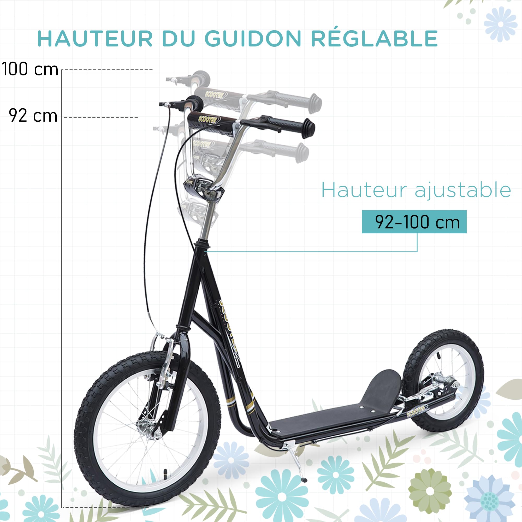 HOMCOM Patinete patineto infantil a partir de 5 años grandes neumáticos manillar ajustable asas frenos y soporte de acero negro | Manillar ajustable, manijas, frenos y muleta, acero