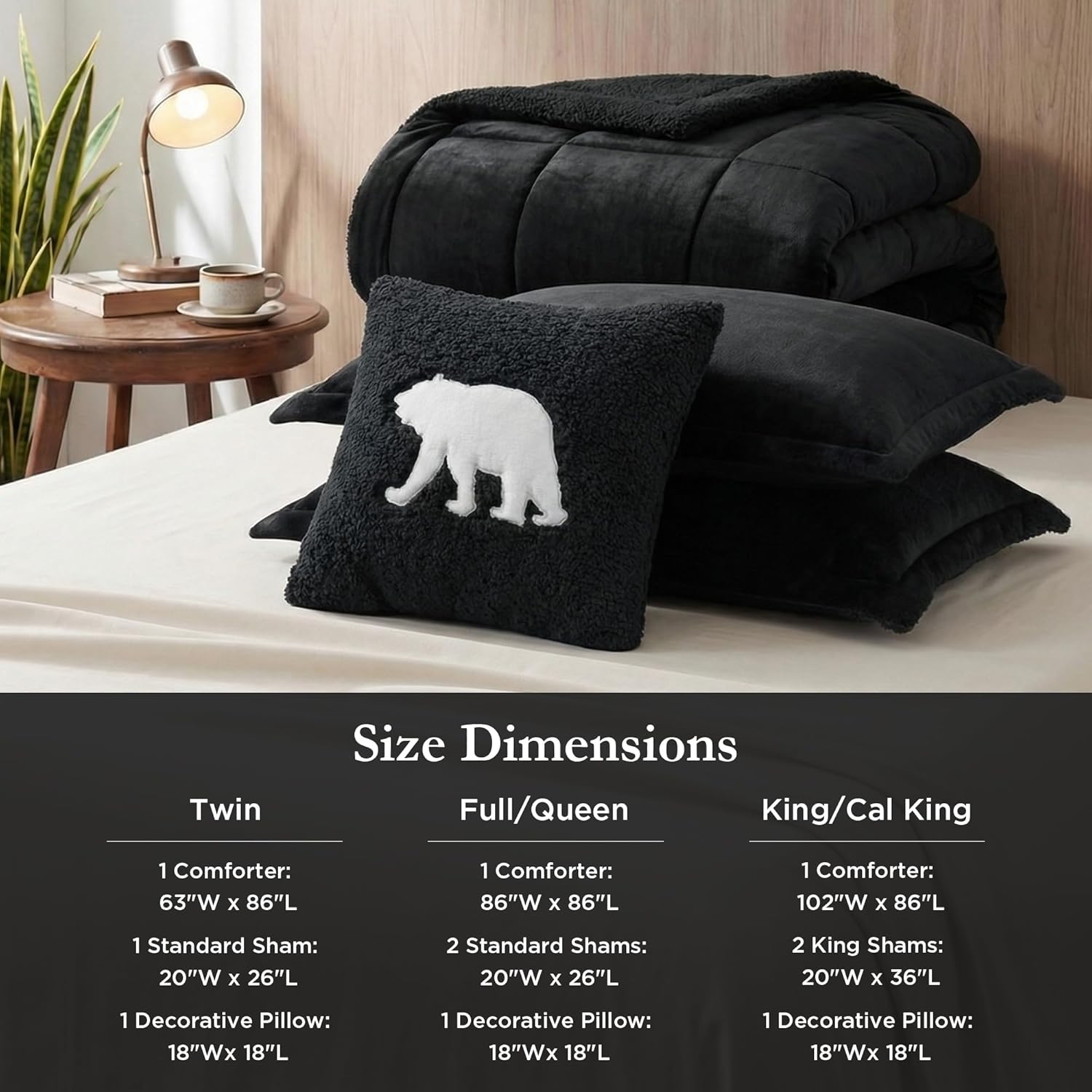 Woolrich Reversible Comforter Set Ultra Soft Plush to Sherpa, Down Alternative, Cold Weather Winter Warm Bedding, with Matching Sham, Decorative Pillow Black/Black King 4 Piece