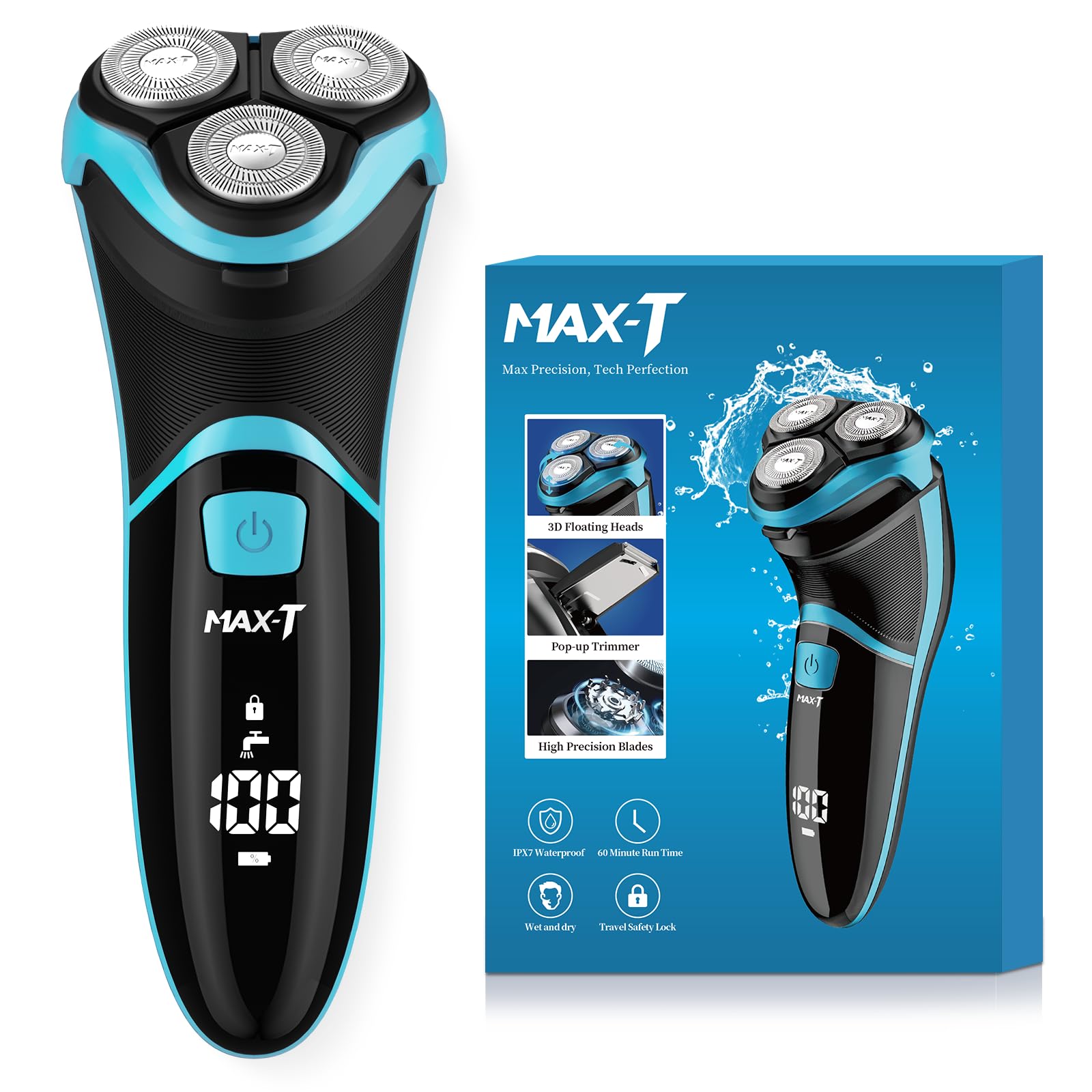 MAX-T Rasierer Herren Elektrisch, Elektrische rasierer mit Reiseetui, Herren Elektrorasierer Nass und Trockenrasierer mit Pop-Up-Trimmer, 3D Rasierapparat Herren IPX7 wasserdichter Rotationsrasierer
