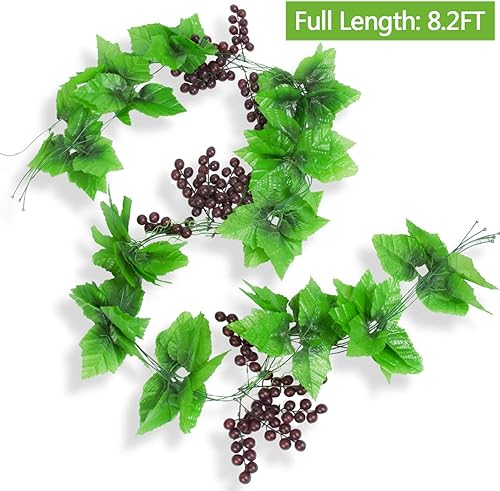 Miniatura 4 de Meiliy Cadena de vegetación artificial de 8 pies, 5 unidades, uvas falsas, hojas de follaje, simulación de frutas para el hogar, habitación, jardín,