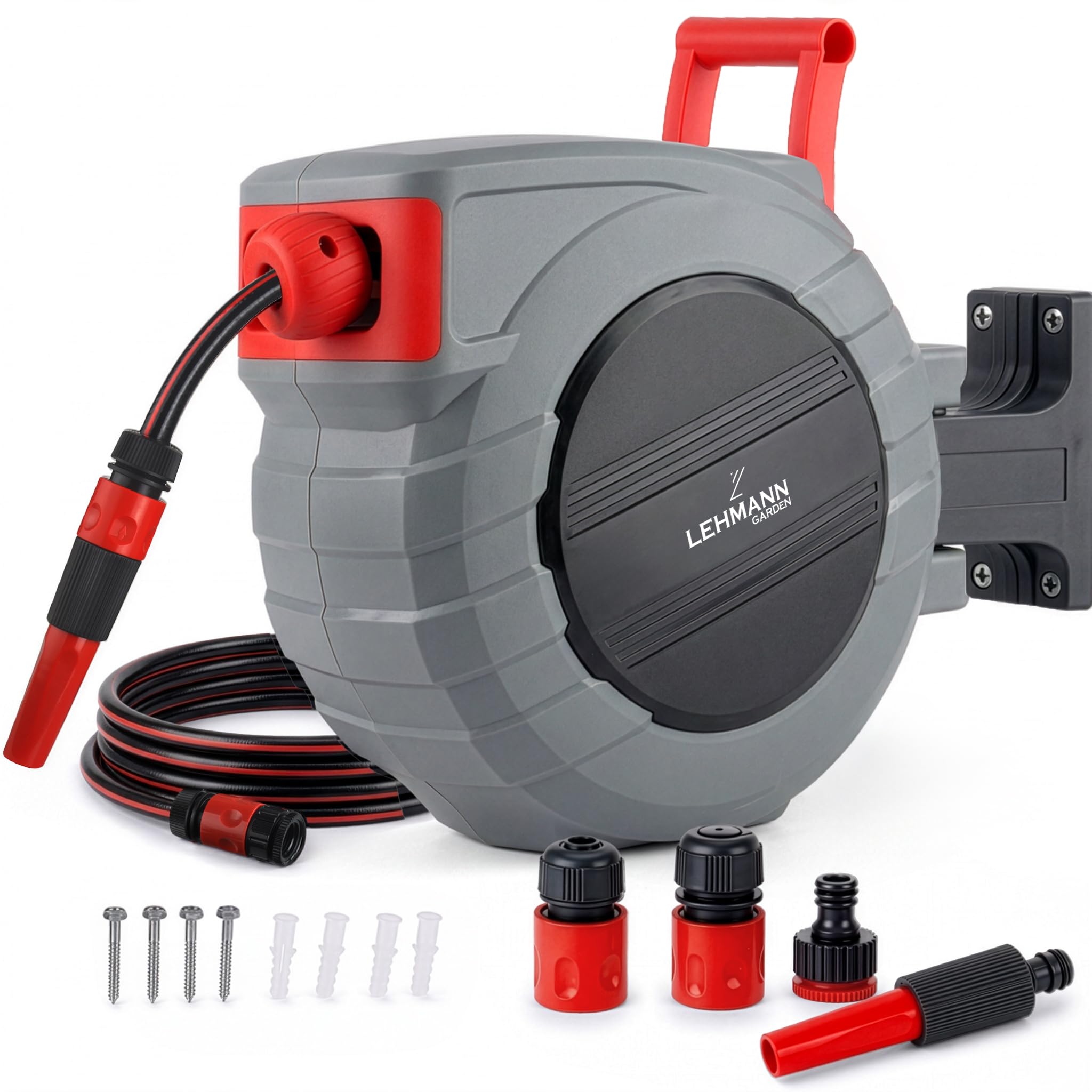 LEHMANN Wand-Schlauchbox 15 m + 1,5 m, Schlauchtrommel für Gartenbewässerung, Automatischer Schlauchaufroller, Wandmontage, inkl. 15 m Gartenschlauch, 1/2" PVC-Geflecht und und Anschlussschlauch