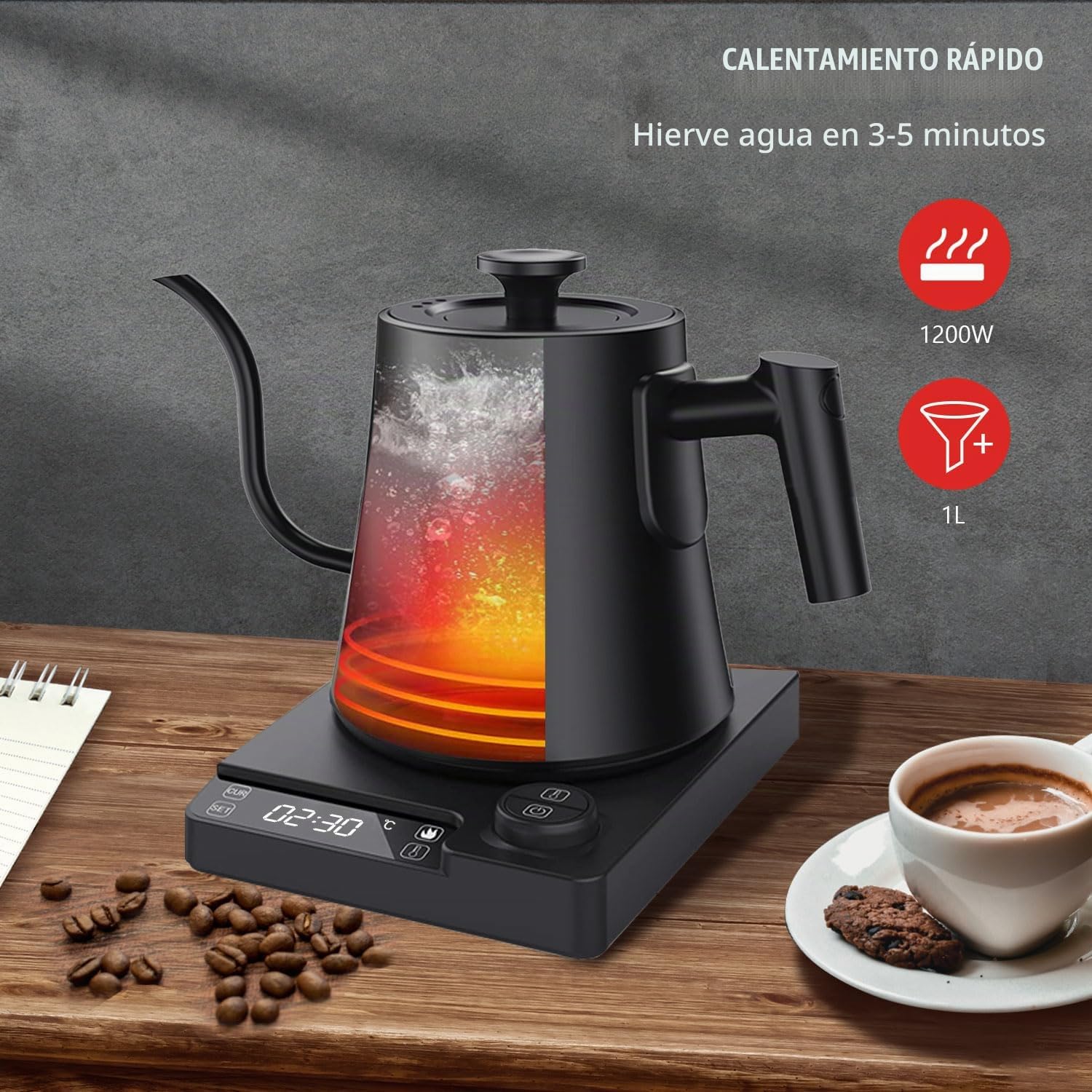 Hervidor Agua Eléctrico, TEEUCNY Hervidor de Cuello de Cisne de Acero Inoxidable, Hervidor con Ajuste Temperatura para Café y Té Hechos a Mano, Pantalla LED, Función Mantener Caliente, 1200W, 1L