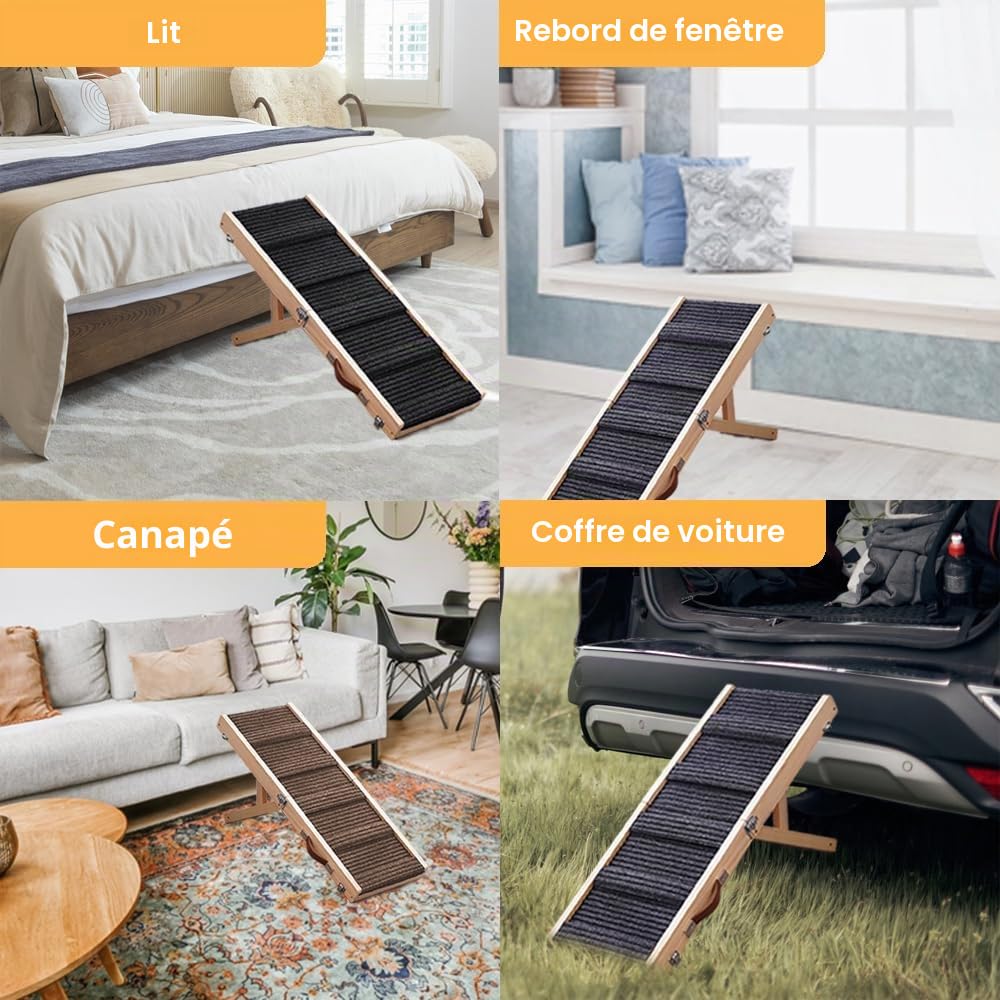 Rampe d'escalade pour chien réglable pliable 81,3 cm bois tapis antidérapant pour petits chiens