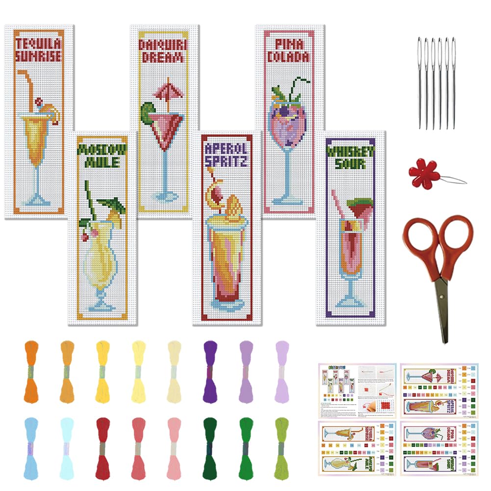 Kit Broderie Point De Croix 6 Signets - Thèmes Boissons, Pissenlits, Halloween... Parfait Pour Débutants !