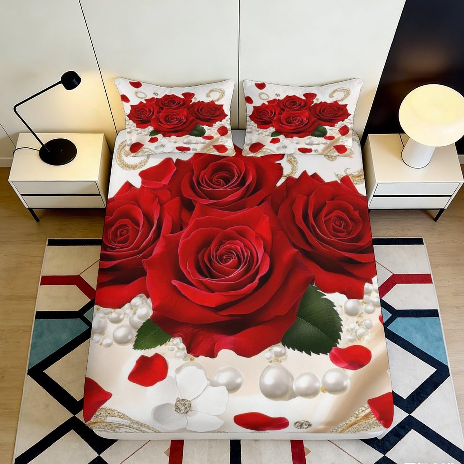 Jqzkxnhpbr Style-6 3D Printed Red Rose Fitted Sheet Microfiber Soft Anti-Slip Romantic Petals Bed Cover For Bedroom Guest Room Decor 90X200x25cm