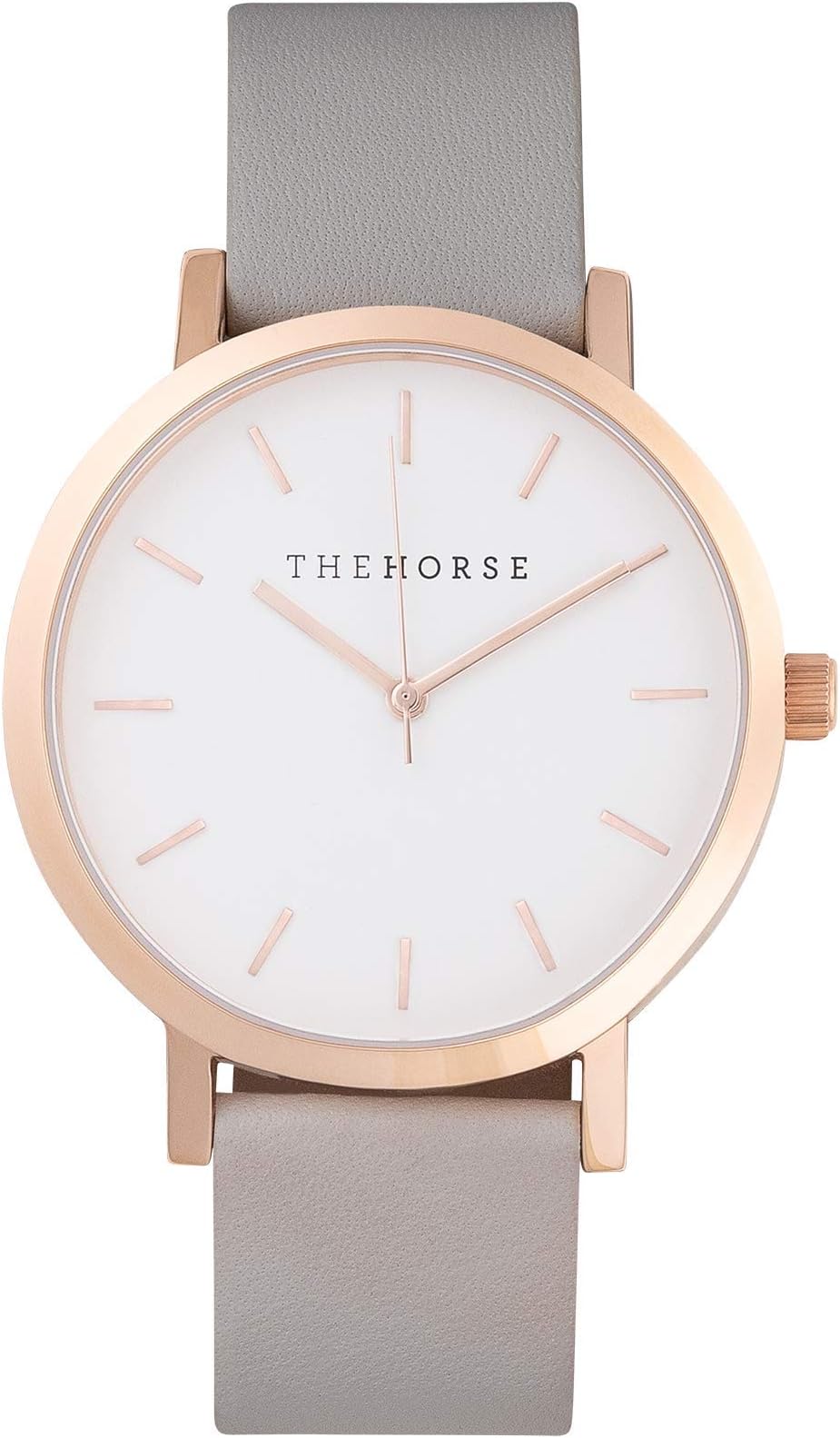 The Horse The Original Watches for Women Polished Rose Gold White Face Stainless Steel Quartz Analog Grey Genuine Leather Strap