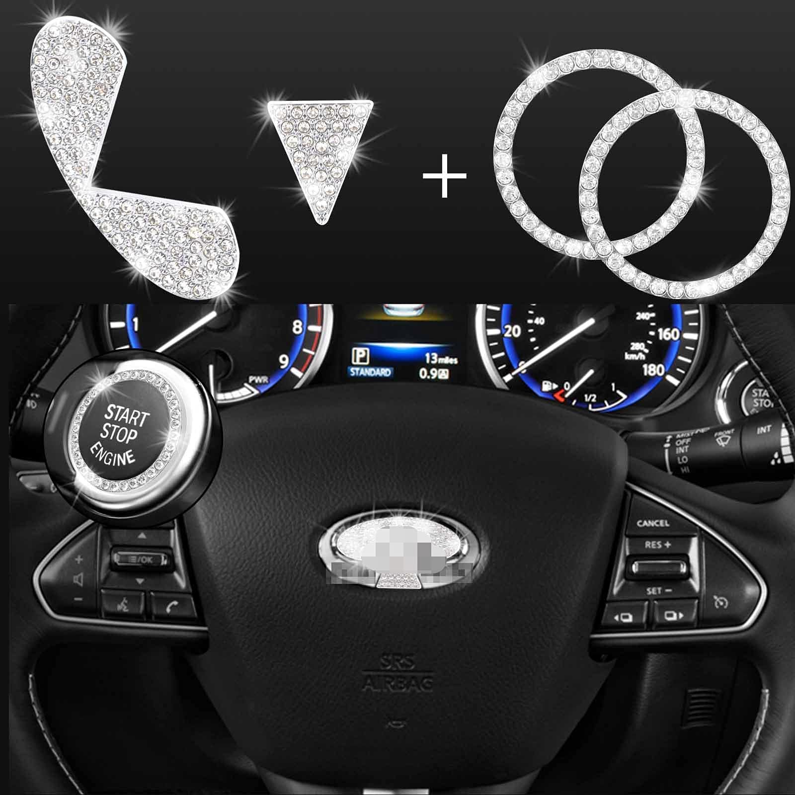JINGSEN Bling Car Steering Wheel Decorative Diamond Sticker for Infiniti Interior Accessories for Q50 Q50L QX50 QX70 G35 G37, Bling Car Accessories Emblem Cover,with 2 Pack Silicone Car Coasters