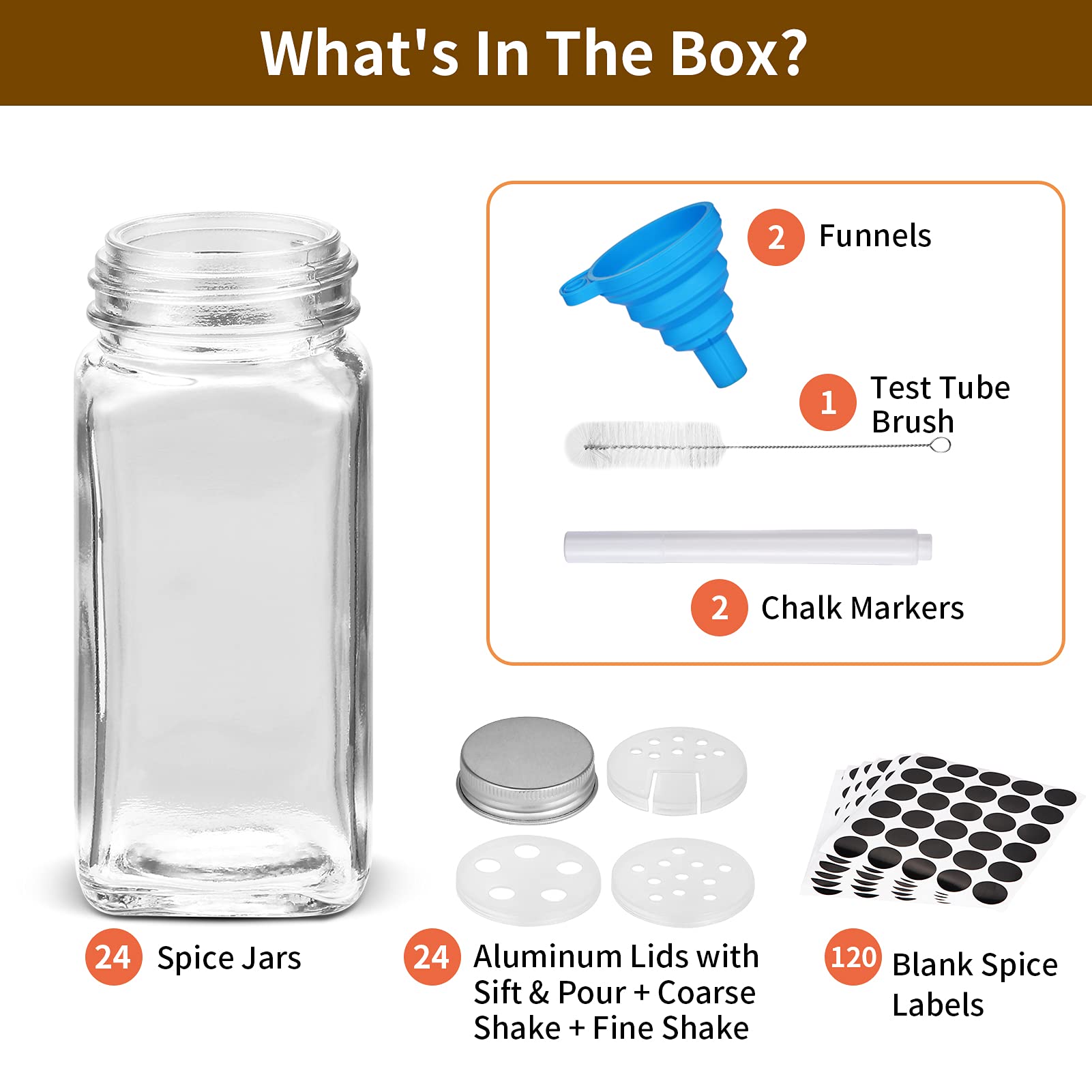 Cibeat 24 Pcs Glass Spice Jars with Spice Labels, 4oz Empty Square Spice Bottles - Shaker Lids and Airtight Metal Caps - Silicone Collapsible Funnel