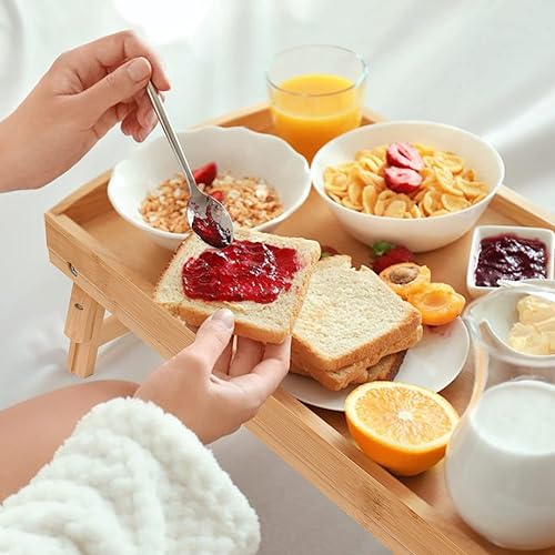 Miniatura 7 de Paquete de 2 bandejas de bambú para cama, bandeja de desayuno con patas ajustables plegables, bandeja de alimentos con asas, bambú entero