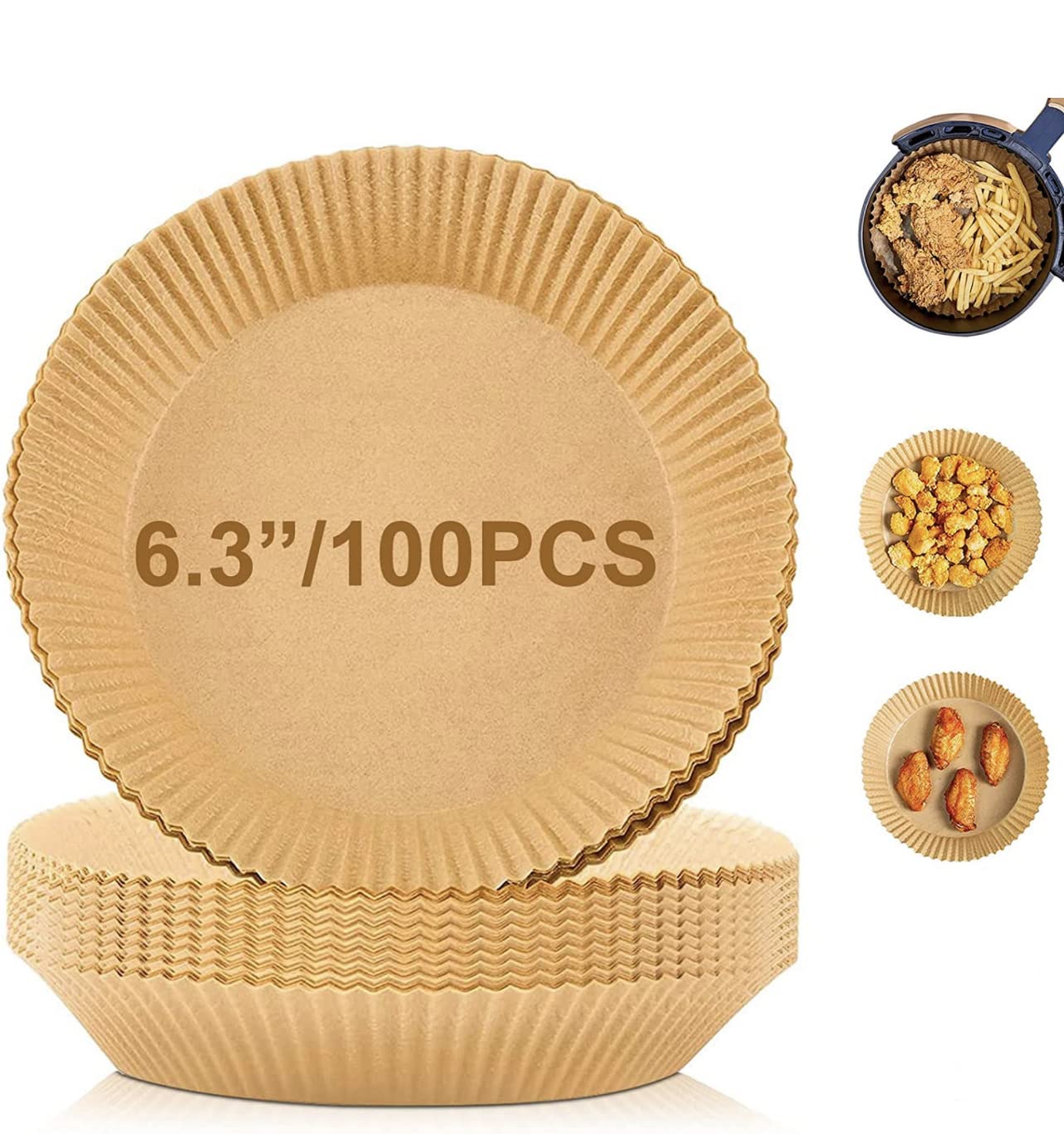 STAR DIB Air Fryer Disposable Paper Liner, 100PCS Non-stick Disposable Liners, Baking Paper for Air Fryer Oil-proof, Water-proof, Food Grade Parchment for Baking Roasting Microwave (100Pcs-6.3 inch)