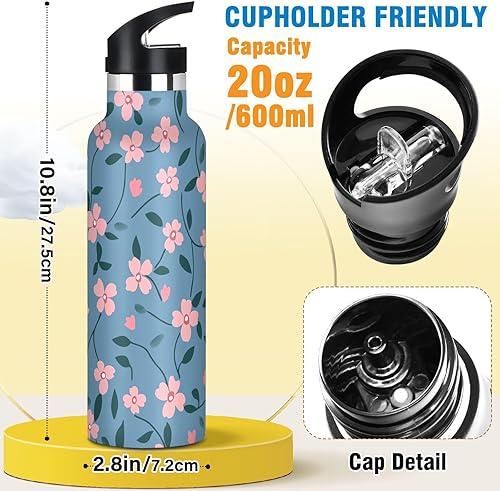 Miniatura 2 de Small Pink Flowers Navy Blue Background Lightweight Gym Water Bottle with Straw Double-Wall Vacuum Insulation for Sport Gym Outdoor Travel School