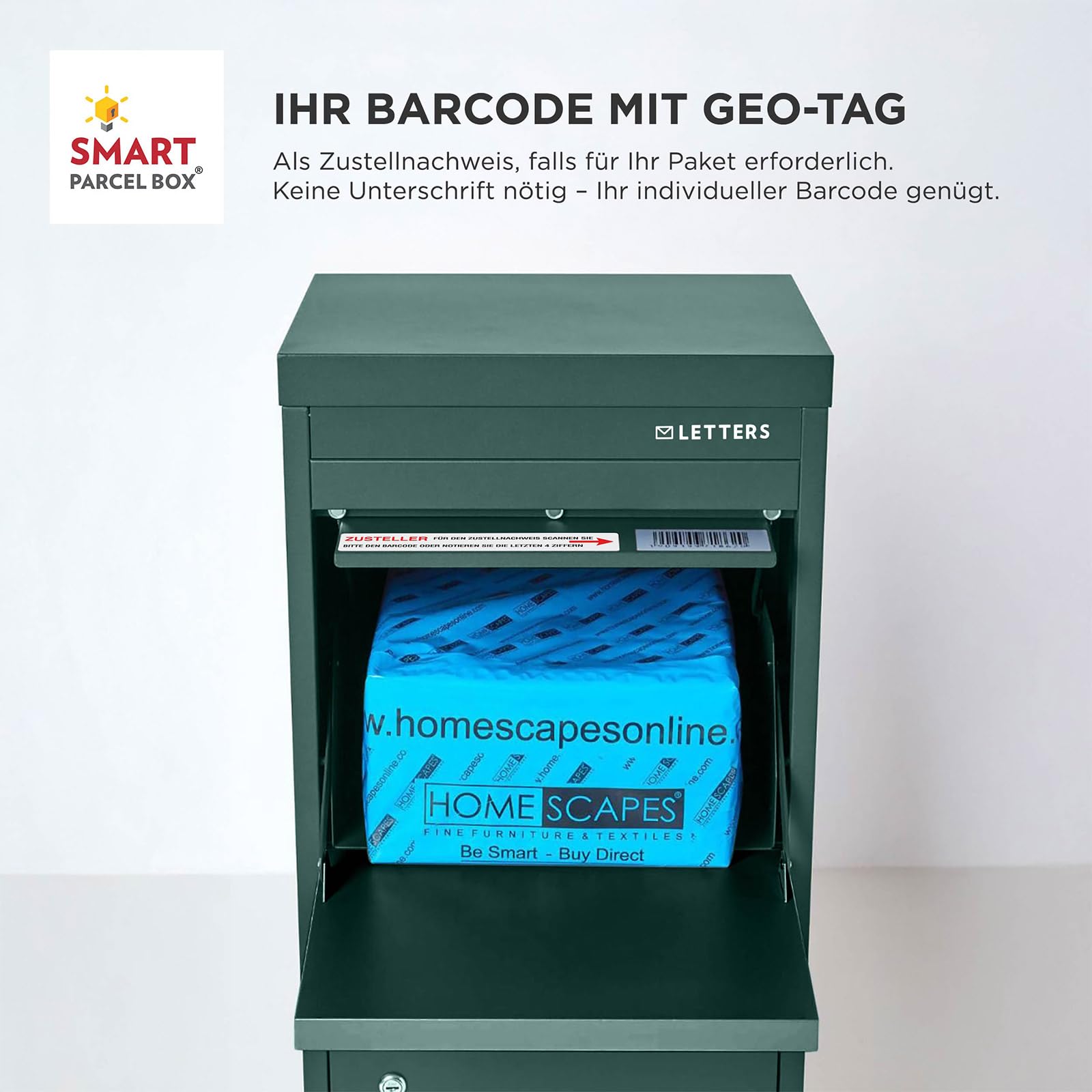 Smart Parcel Box Paketbox L - Briefkasten mit Paketfach wetterfest, grün | Paketbriefkasten, Paketbox draußen, Entnahme hinten & vorne, Standbriefkasten, rostfrei, verzinkter Stahl, pulverbeschichtet