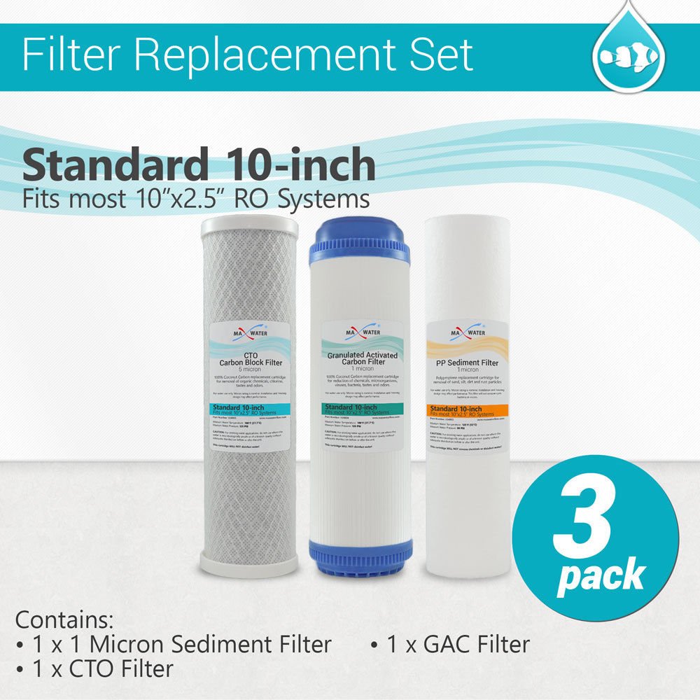 (3 Pack) Aquarium Reef Replacement Max Water Filter Set Sediment 1 micron Carbon GAC, CTO Water Filters compatible with 10" Aquarium RO WH Systems