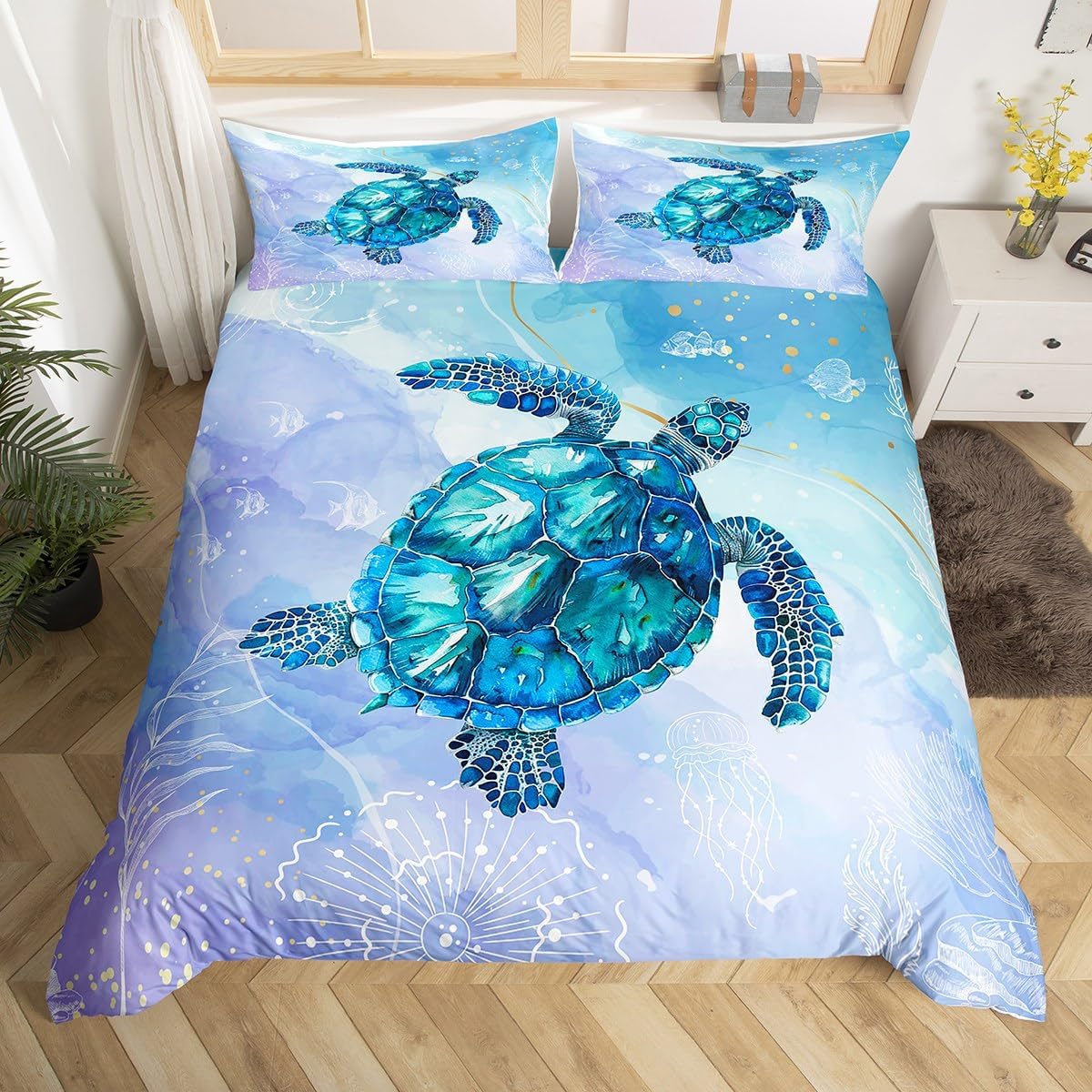 Feelyou Anchor Decor Stripes Rustic Wooden Bedding Set Queen Nautical Themed Tie Dye Comforter Cover Set Ocean Blue Teal Duvet Cover Breathable Nautical Bedspread Cover Room Decor Luxury Quilt Cover