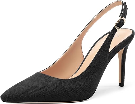Womens Slingback Suede Pointed Toe Wedding Dress Buckle Comfort Stiletto High Heels Pumps Shoes 3.35 Inch