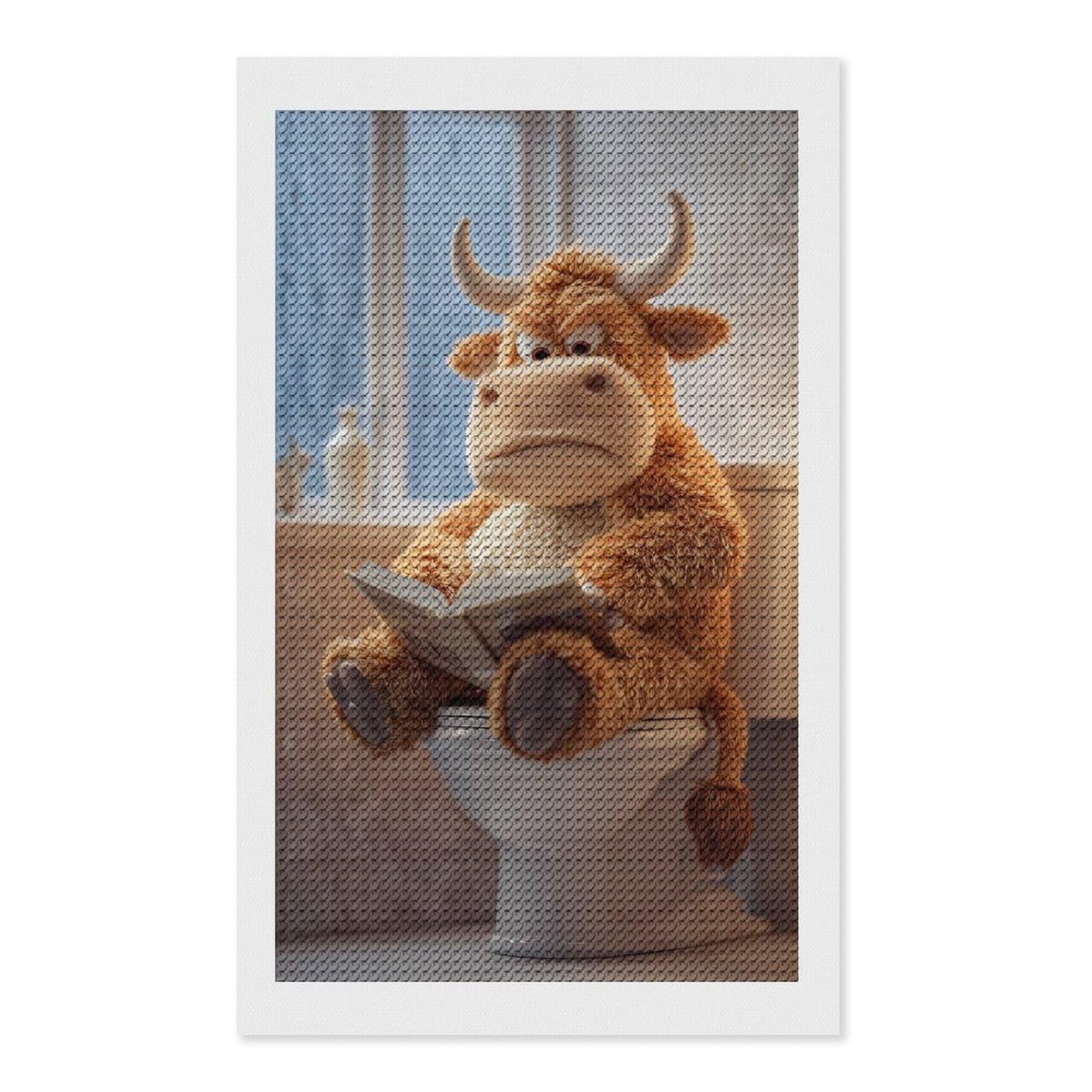 Junmoney Stuffed Bull Reading on Toilet Crystal Diamond Art Kit 12"x20", Modern Decor, Boho Decor, Wall Art Gift, Decorative Artwork, Creative Hobby