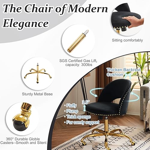 Vista 48 de VINGLI Silla de oficina pequeña de terciopelo moderna, bonita silla de escritorio con ruedas, base dorada/tachuelas, cómoda silla giratoria sin Beige