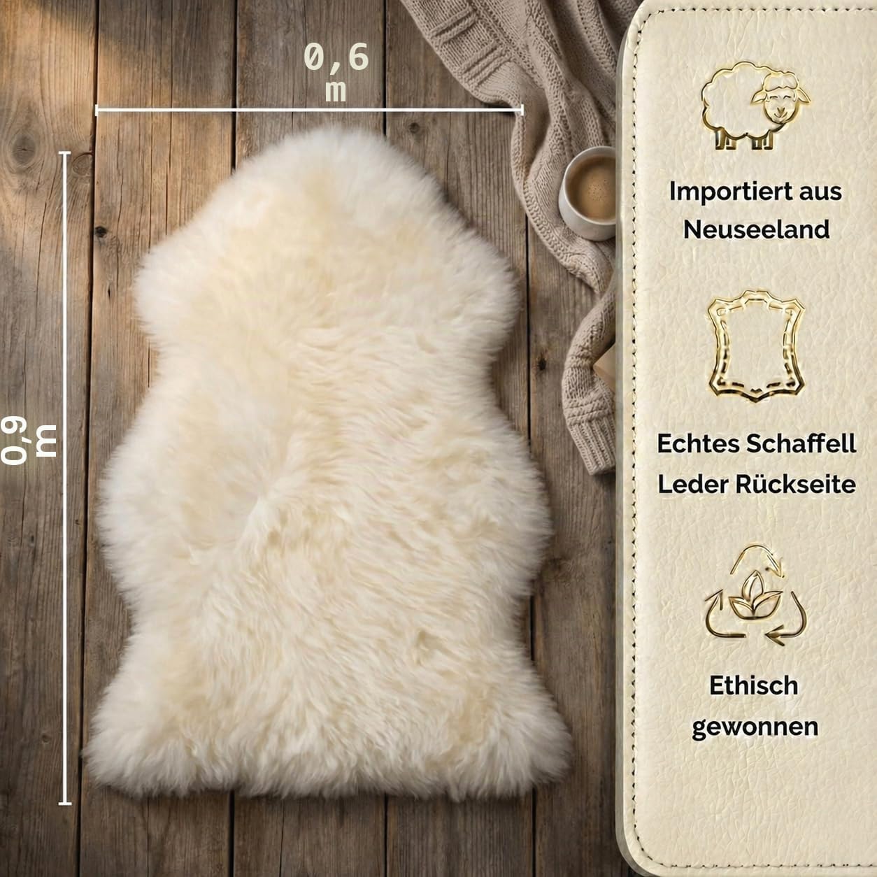 Woolous Schaffell Echt 90x60 cm – Weiches Lammfell Teppich Weiß, Flauschiger Bettvorleger aus Natürliche Neuseeländischer Sofa, Stuhl & Schlafzimmer Deko