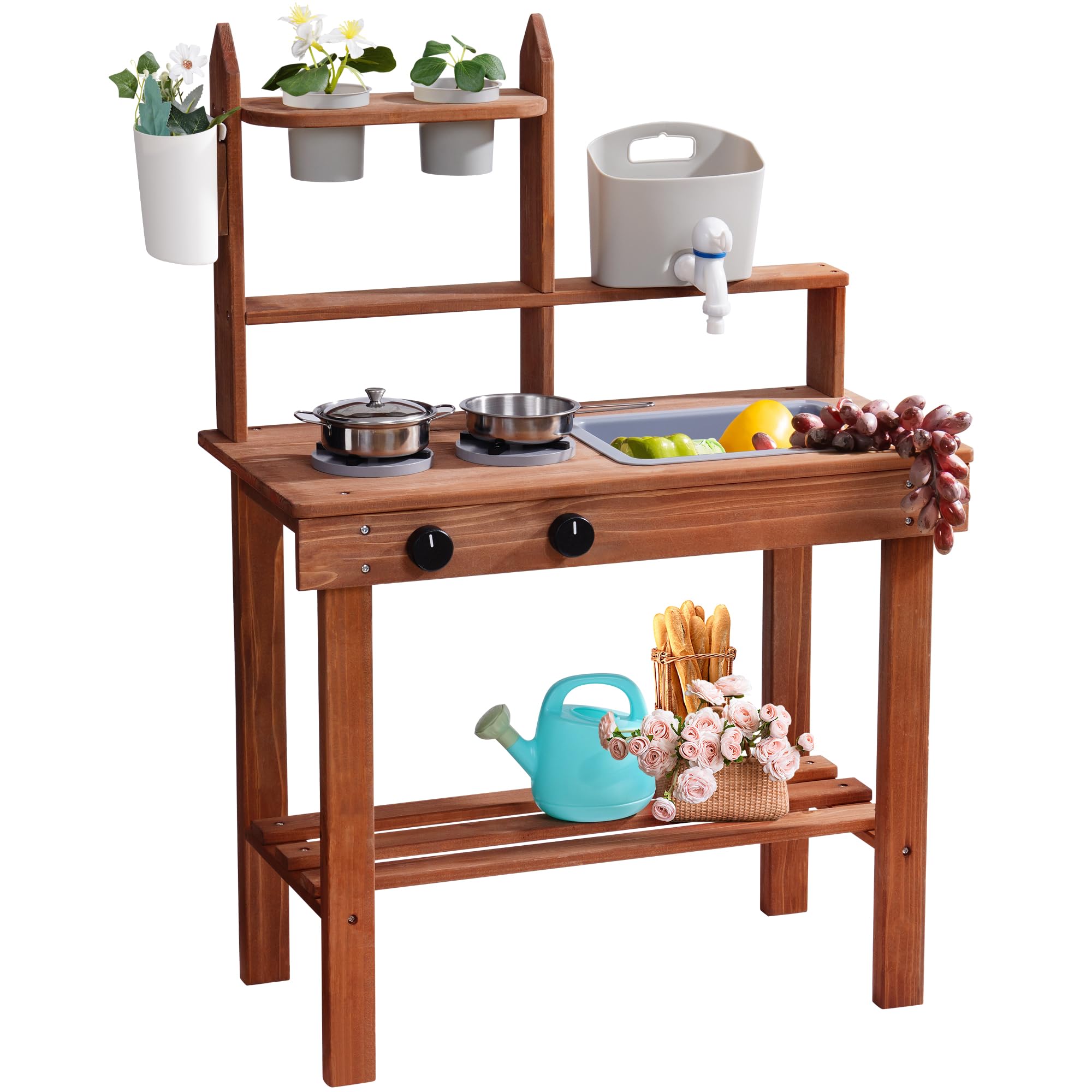ROBOTIME Mud Kitchen for Kids Outdoor, Wooden Kids Kitchen Playset, Outdoor Play Kitchen with Removable Sink, Faucet, Cooking Accessories, Stove, Fun Backyard Outdoor Kitchen for Boys Girls 3+