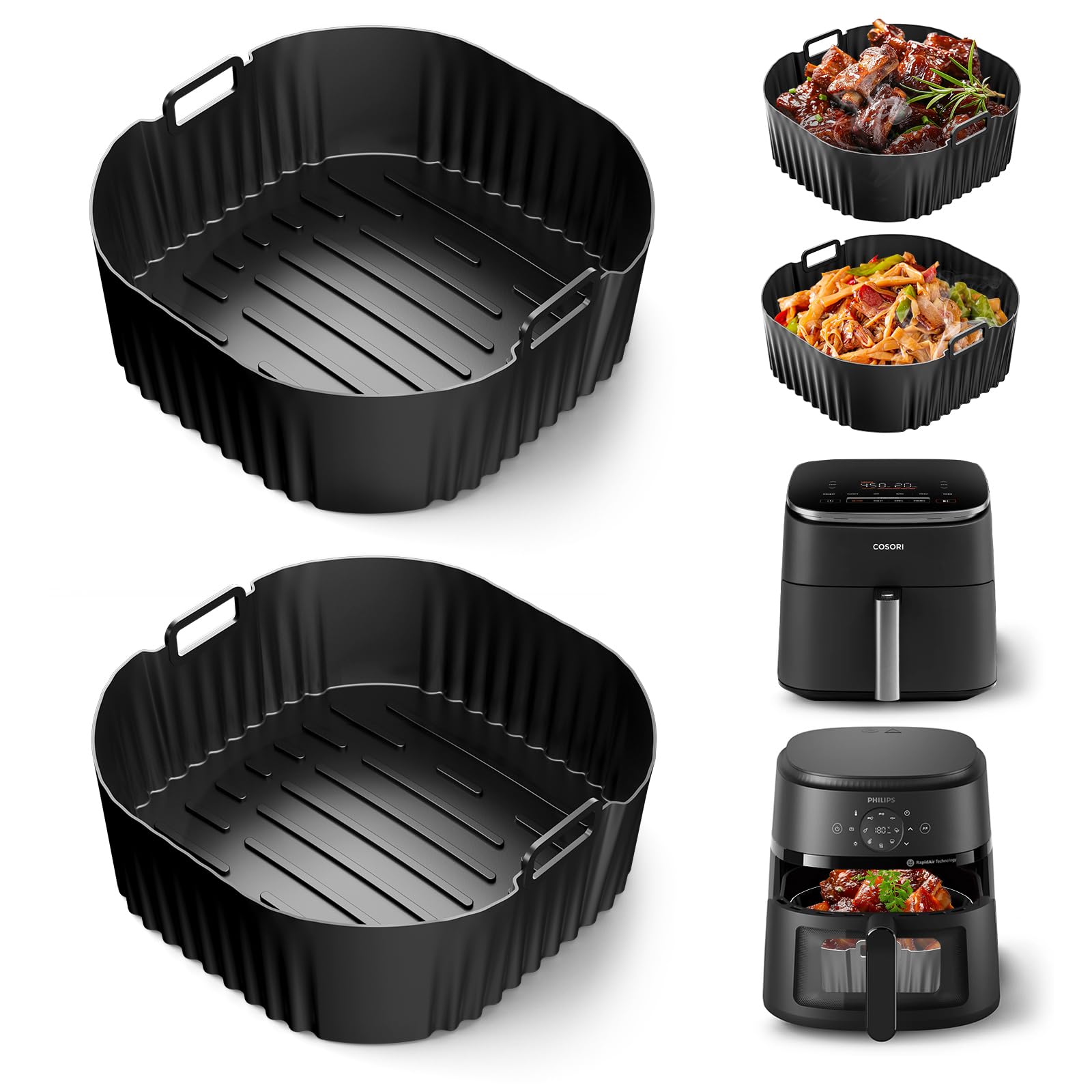 23CM Molde Silicona Freidora de Aire para Cosori Freidora sin Aceite 5,5l /6.0l/6.2l,2pcs Accesorios Freidora de Aire para Philips Série 2000 6.2L Na230,Reutilizable Silicona Recipiente Air Fryer