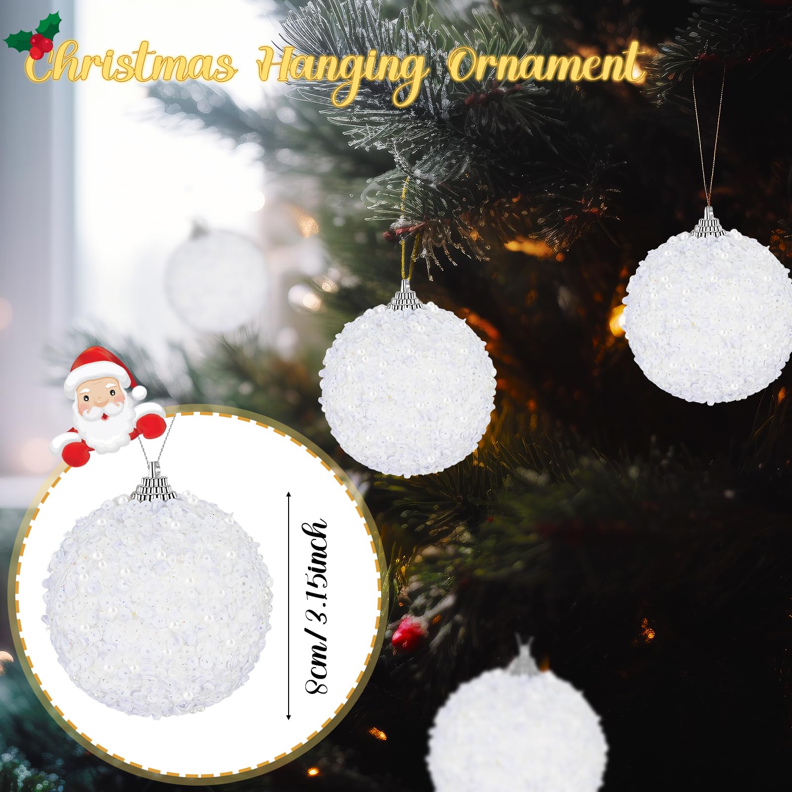 Liliful 24 adornos de bola de Navidad de 3.15 pulgadas con purpurina, decoraciones de árbol de Navidad, adornos colgantes grandes de Navidad para árbol de Navidad, boda, hogar, mesa, fiesta,