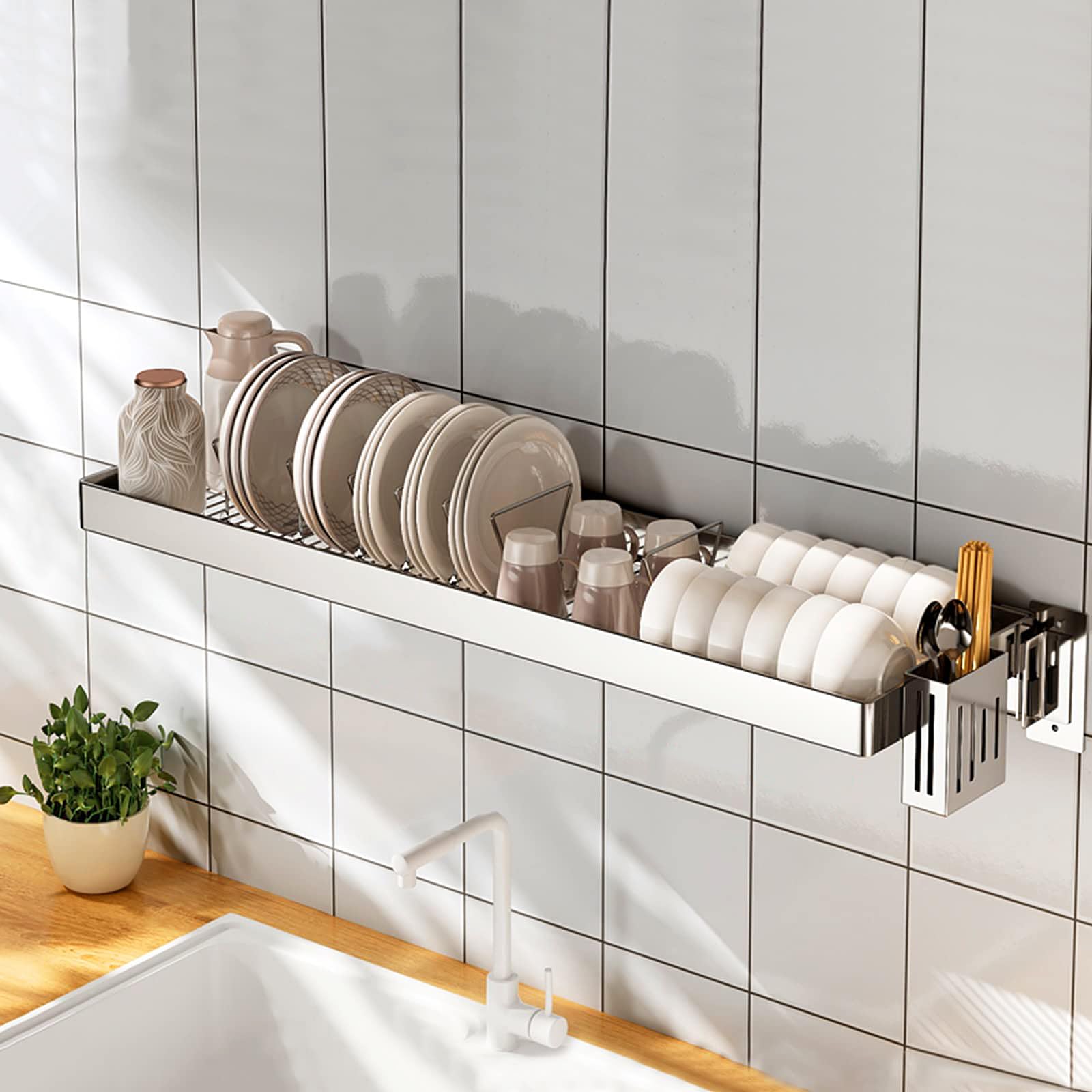 GAOXIAO Escurridor de Platos Colgante Pared, Escurridor de Acero Inoxidable montado en la Pared con Escurridor y Soporte para Cubiertos, Estante de Drenaje Ajustable 85cm