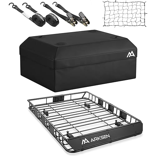 ARKSEN 54 x 39 x 5 Inch Upgrade Universal Roof Rack with Waterproof Bag, Cargo Net&2 Ratchet Straps - 150Lbs Capacity Heavy Duty Rooftop Cargo Carrier with Extension for Car, SUV & Pickup