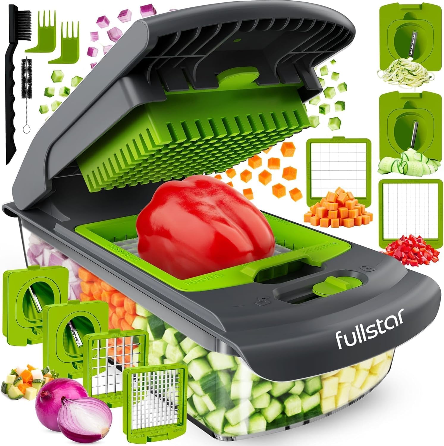 Fullstar Vegetable Chopper - Food Chopper - Onion Chopper - Vegetable Slicer & Spiralizer - Veggie Chopper with Container - Kitchen Gadgets - Home Essentials - Kitchen Accessories (4 in 1, Gray/Green)