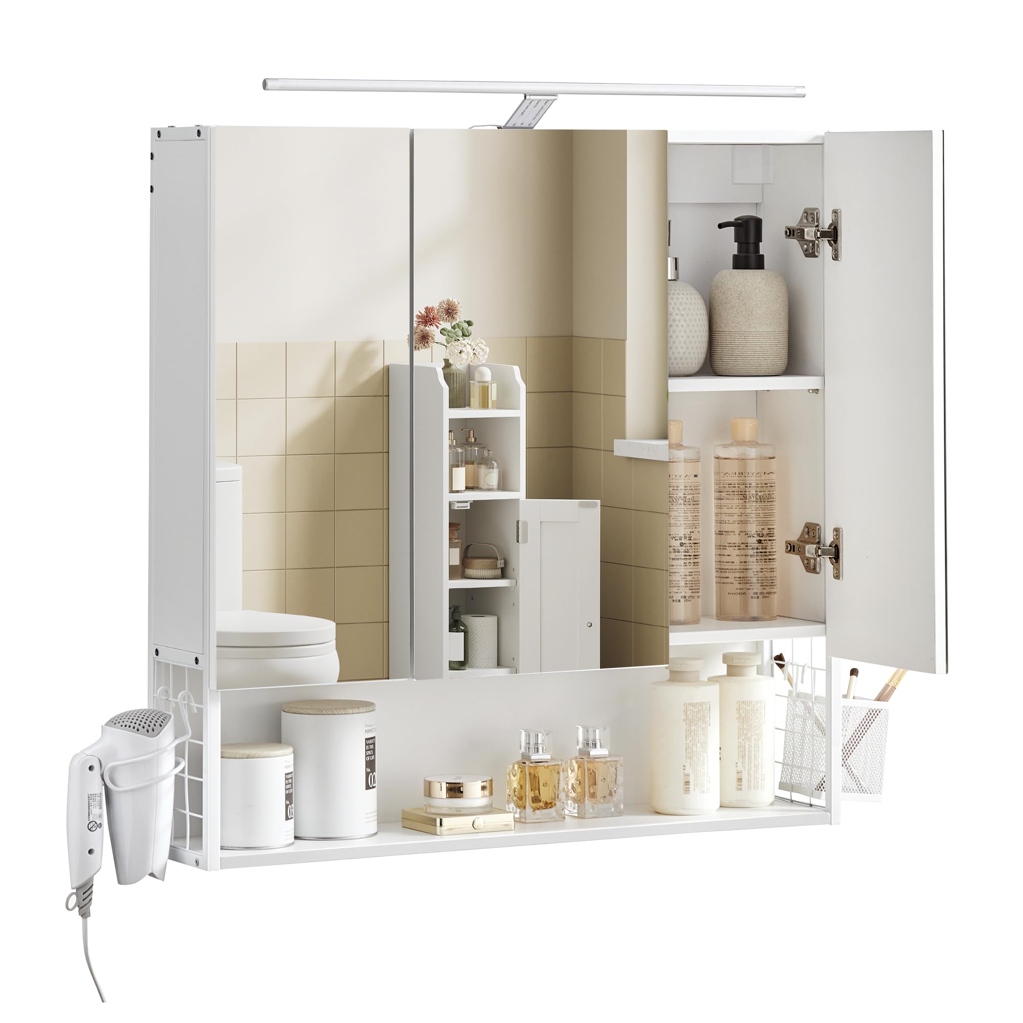 VASAGLE Spiegelschrank Bad mit Beleuchtung, 14,5 x 70 x 70 cm, Stecker, Hängekorb, Haartrockner-Halter, Spiegelschrank, Badschrank, Wandschrank, für Badezimmer, wolkenweiß BBK124W14