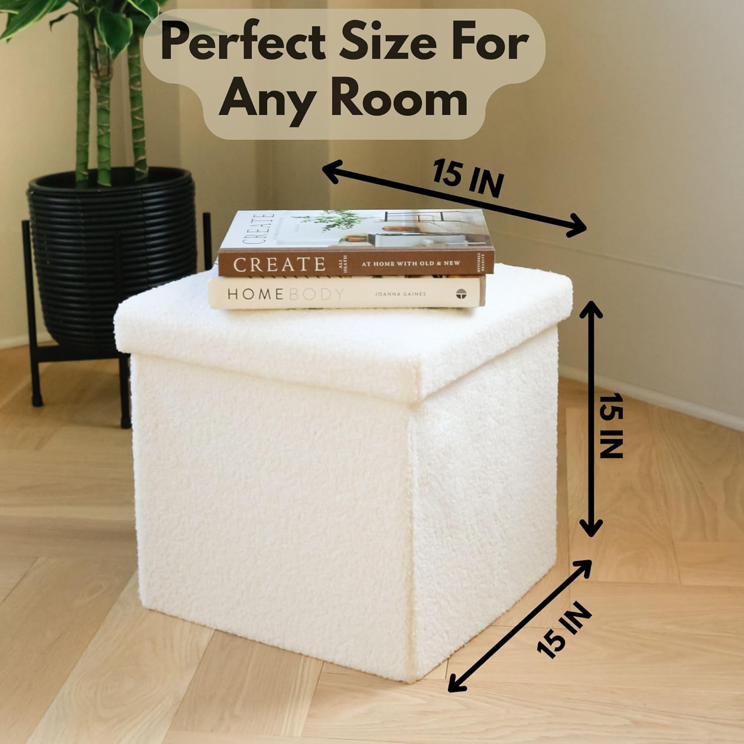 Luxe L 100% Faux Fur White Go-Poufs Medium Cube Teddy Boucle Storage Ottoman, 15"x15"x15" Knock-Down Easy Setup Modern Rustic Traditional Minimalist Contemporary Bedroom Living Room Nursery Foot Rest