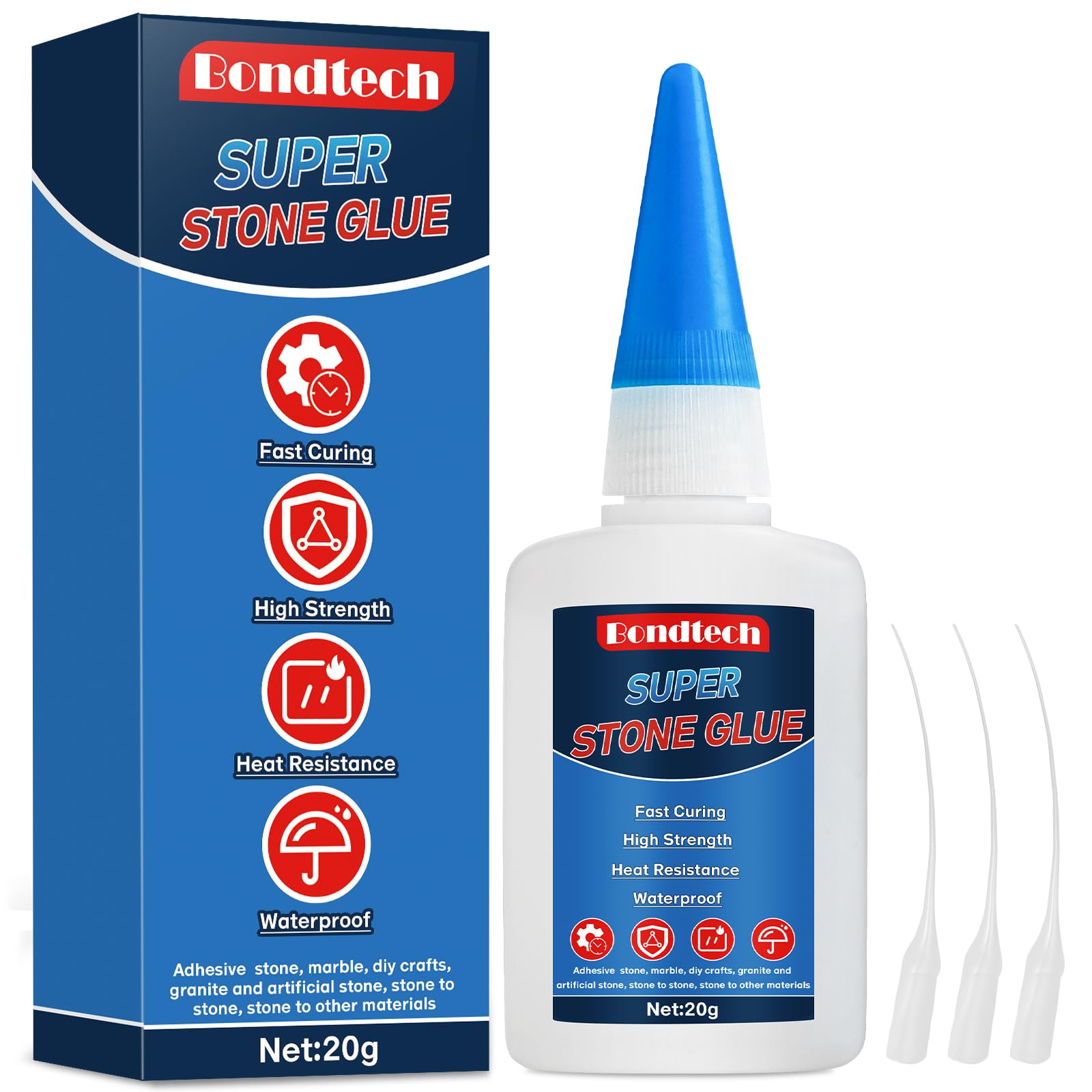 Stone Glue 20 g, Marble Glue Instant, with Anti-Clog Cap, Strong Clear Adhesive for Marble, Granite, Artificial Stone, Tile, DIY, Waterproof, Heat-Resistant