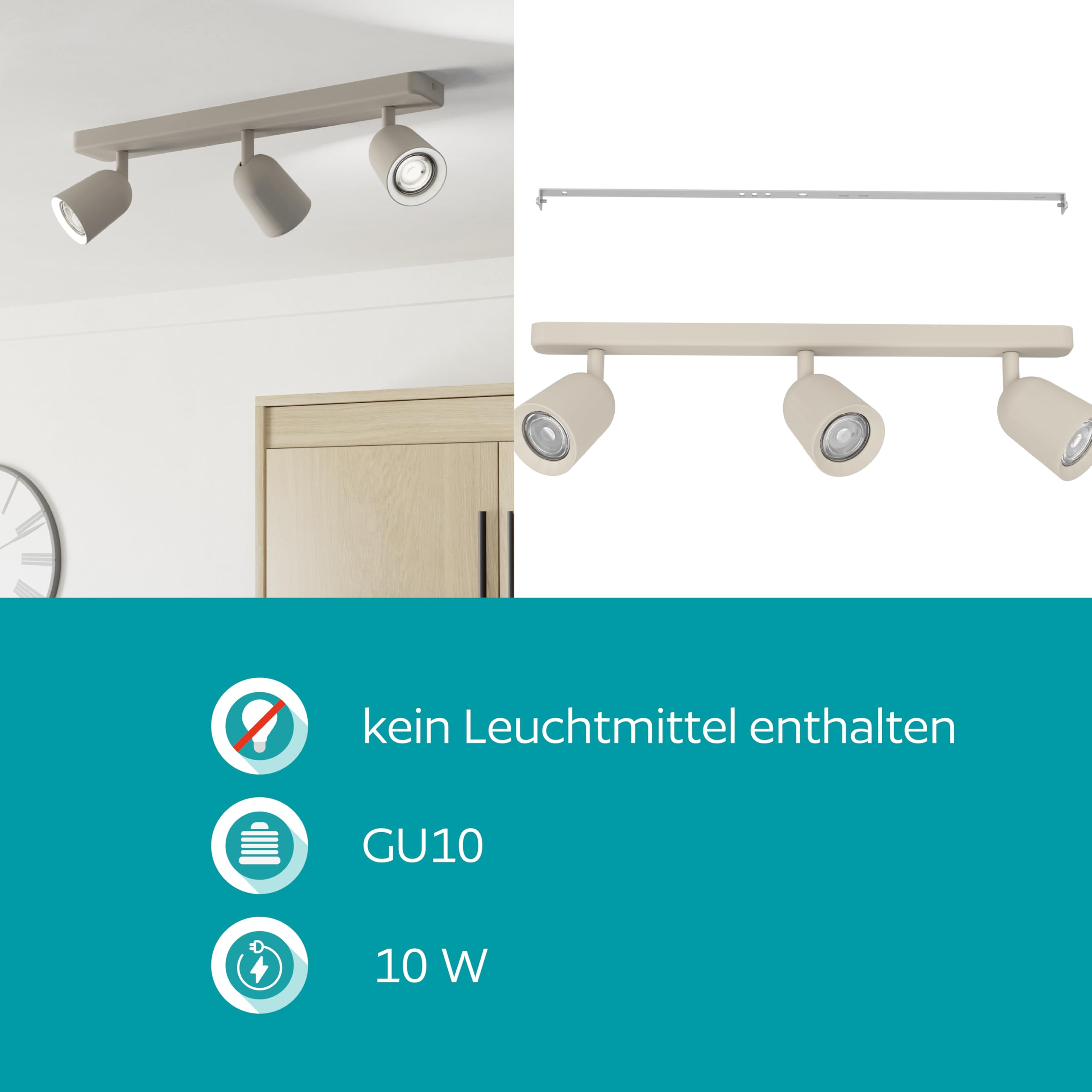 EGLO Deckenlampe 3-flammig Camaldoli Deckenstrahler | mit flexiblen drei Strahlern, Spot Deckenleuchte aus Stahl in Sandfarben, GU10 Fassung