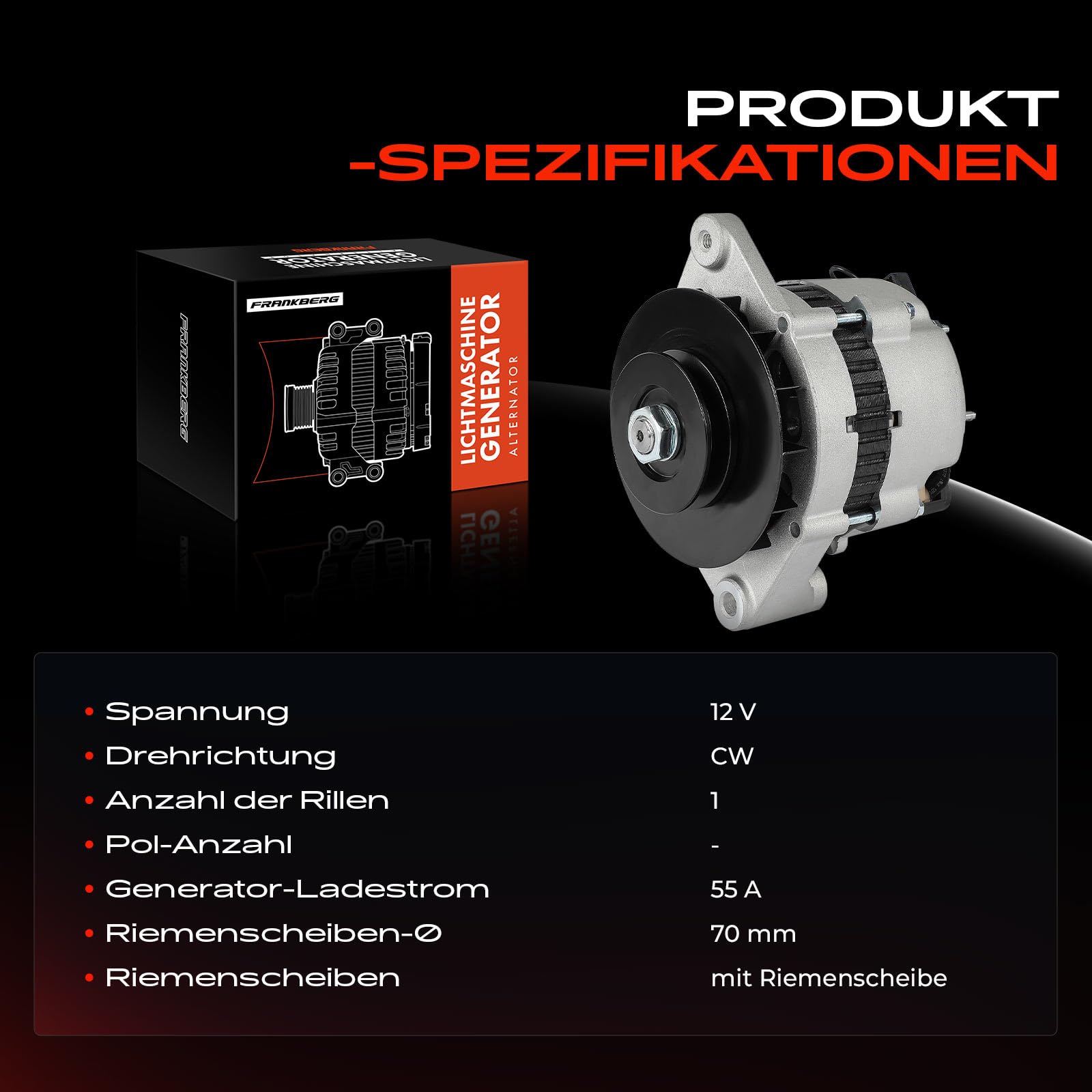 Frankberg Alternator 55A z kołem pasowym do Bobcat Skid Steer Loader 753L 763 763C 763F 763G