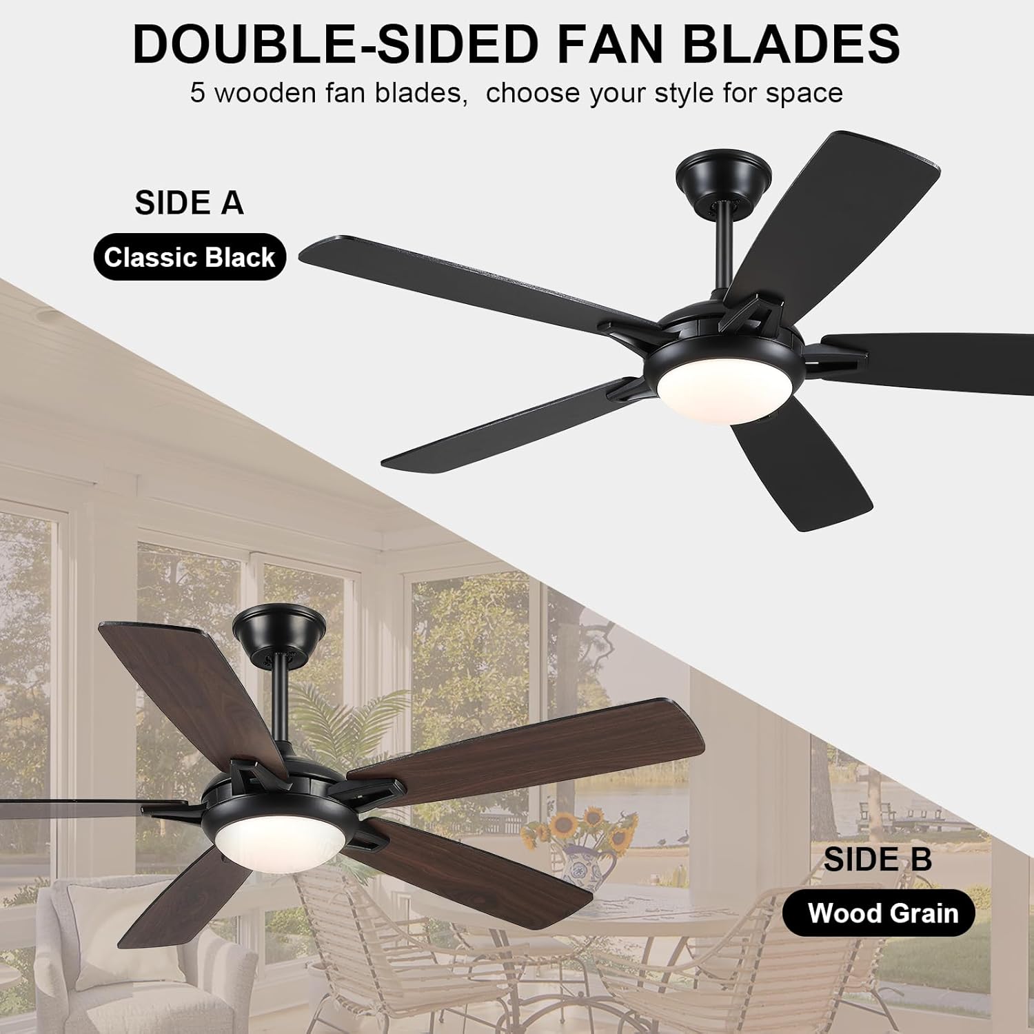 52 Inch Ceiling Fans with Lights and Remote, Modern Indoor Outdoor Ceiling Fan for Bedroom Living Room Patio Porch, 6 Speeds, Reversible Quiet Motor, Dual Finish Wooden Blades, Black