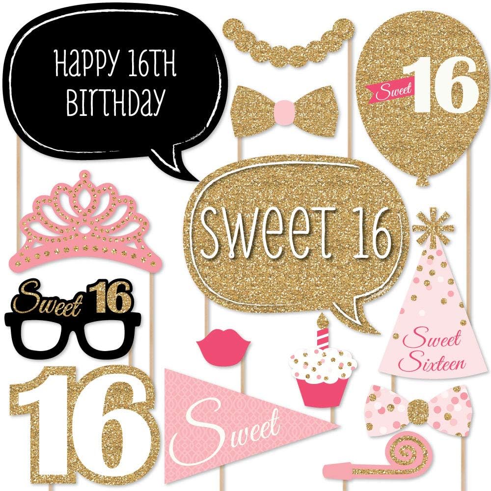 Sweet 16 Birthday Photo Booth Prop Kit, DIY Cardstock Props - 20pc | 16th Birthday Party Decorations, Masks and Speech Bubble Shapes for Kids, Props Sticks Included, USA-made