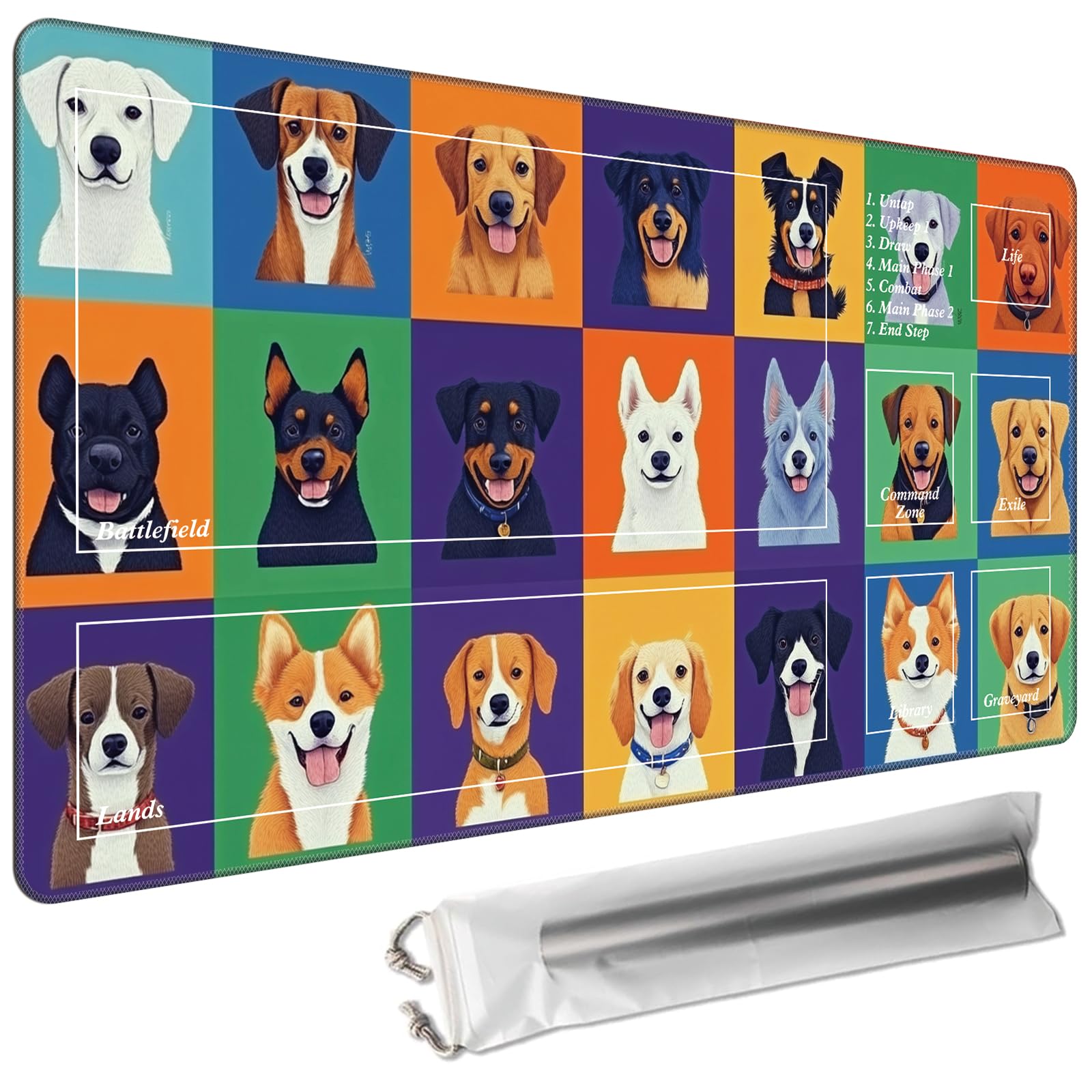 Cdkfxjy MTG Playmat with Magic Zone 27.5 x 15.7in Includes Storage Bag,TCG Playmat with Soft Surface Premium Non-Slip Rubber Backing Stitched Edges Durable Gaming Mat,Colorful Dogs