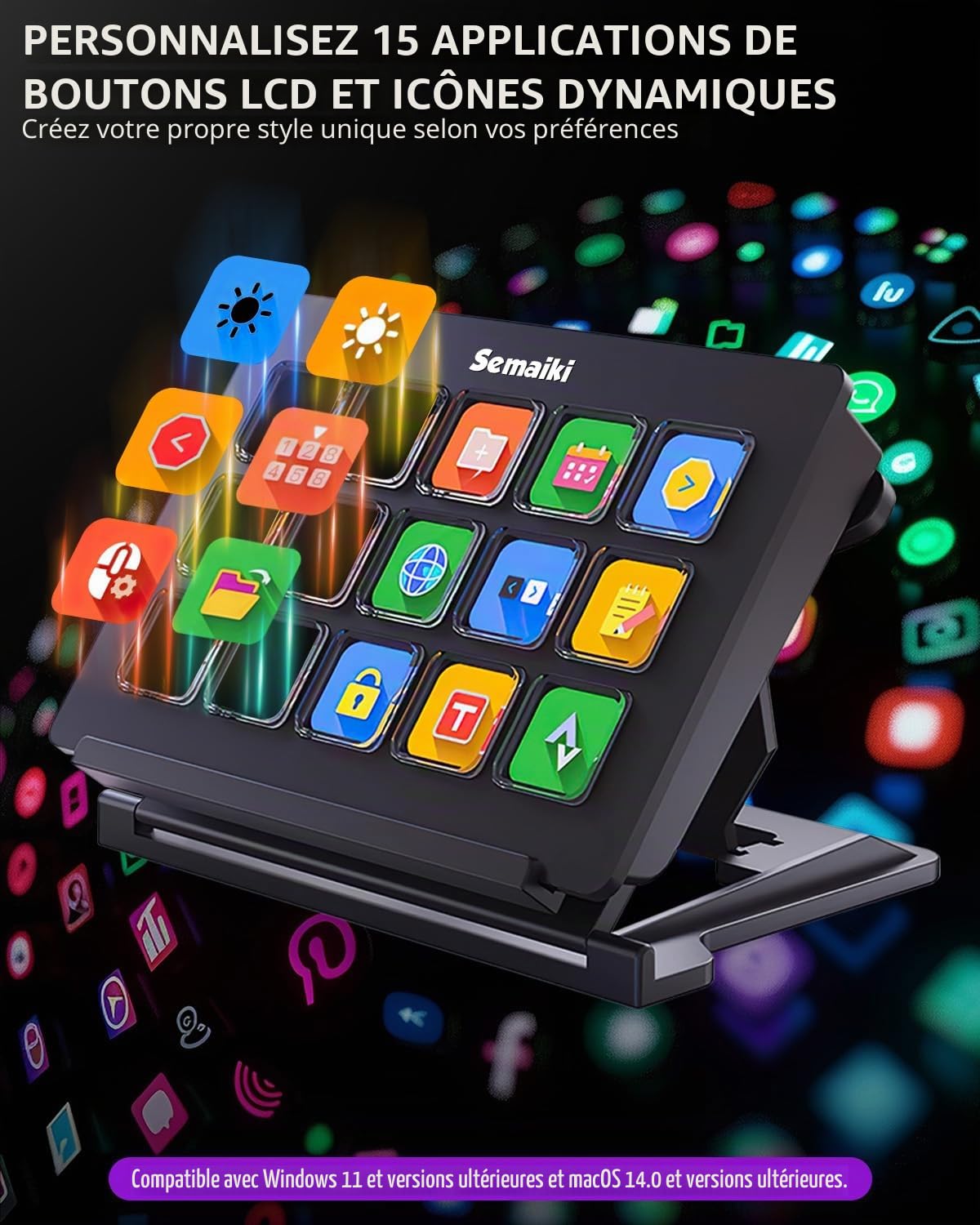 Semaiki Stream Controller Clavier macro avec 15 touches macro LCD personnalisables, déclenche des actions dans les applications et les logiciels tels que OBS, Twitch, Streamlabs, Discord, Mac et
