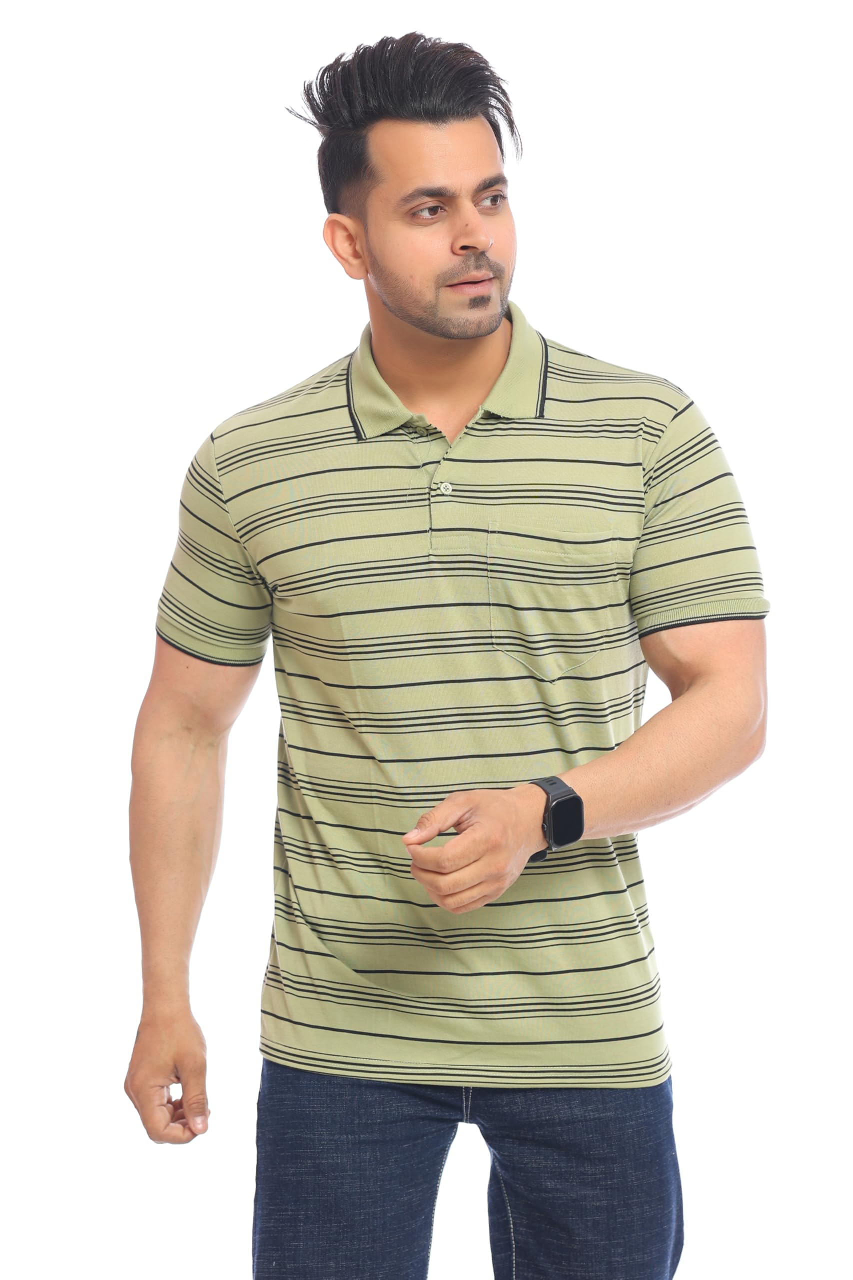 mavryk Essential Series | Men’s Olive Green Striped Pocket Polo T-Shirt | Cotton Rich | Smart Casual Fit (Size M to 5XL)-picture-18