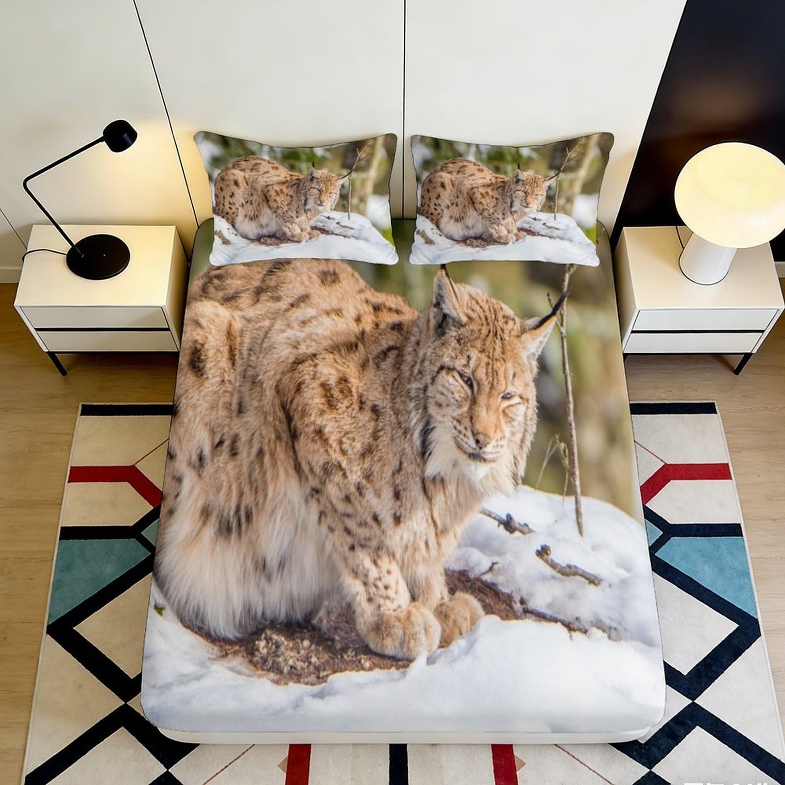 3D Printed Lynx Animal Fitted Sheet Microfiber Soft Breathable Snow Wildlife Bed Cover for Bedroom Dormitory Guest Room Mattress Protection Decor 180x200x25cm