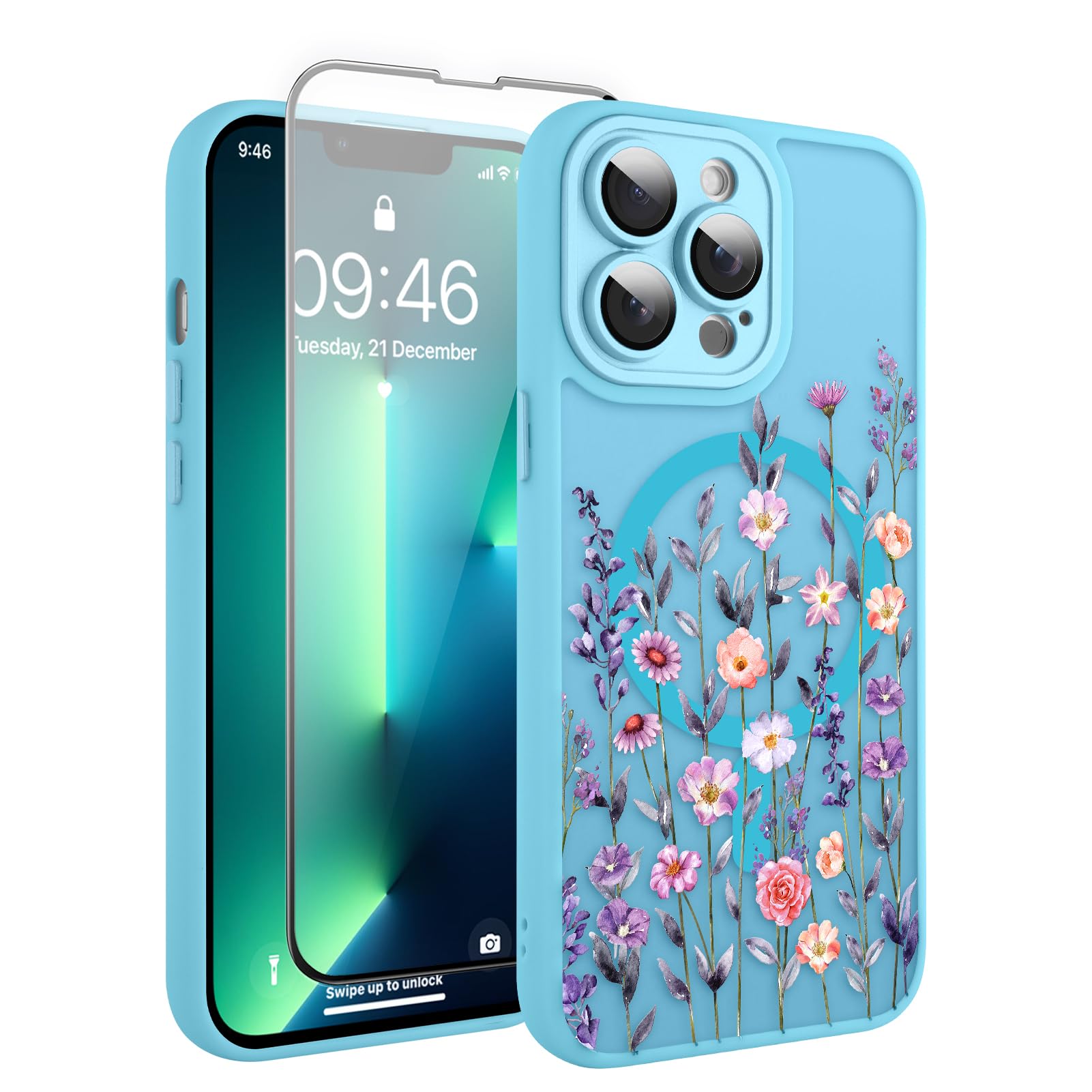 Coque MagSafe iPhone 13 Pro fleurie bleu clair antichoc
