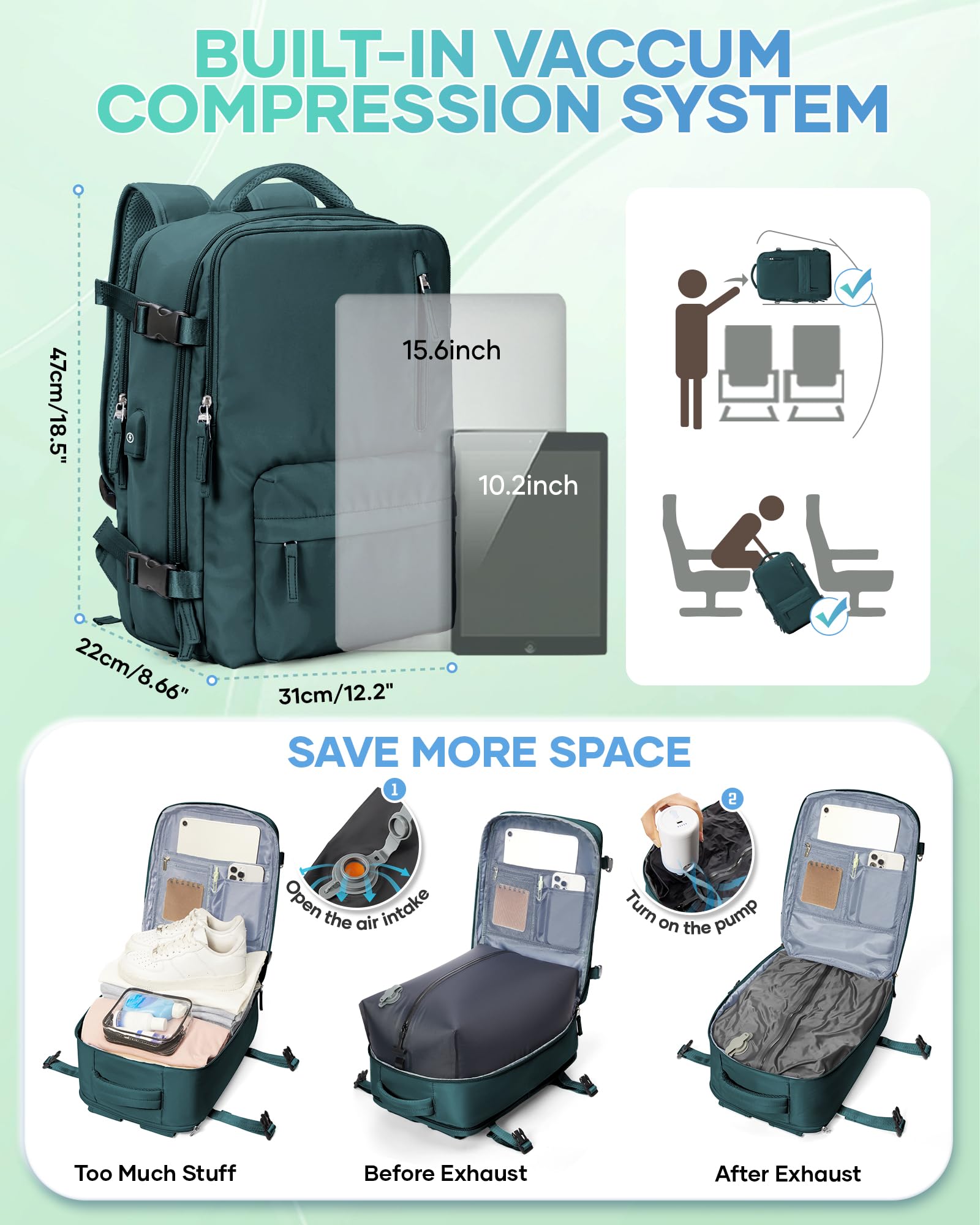 SZLX Zaino Ryanair 40x30x20 Sottovuoto Bagaglio a Mano 40x20x25 Donna Zaino da Viaggio 40x30x20 Wizzair Borse da Cabina per Easyjet 45x36x20 Uomo per Laptop 14 Pollici con Porta USB e Porta Scarpe