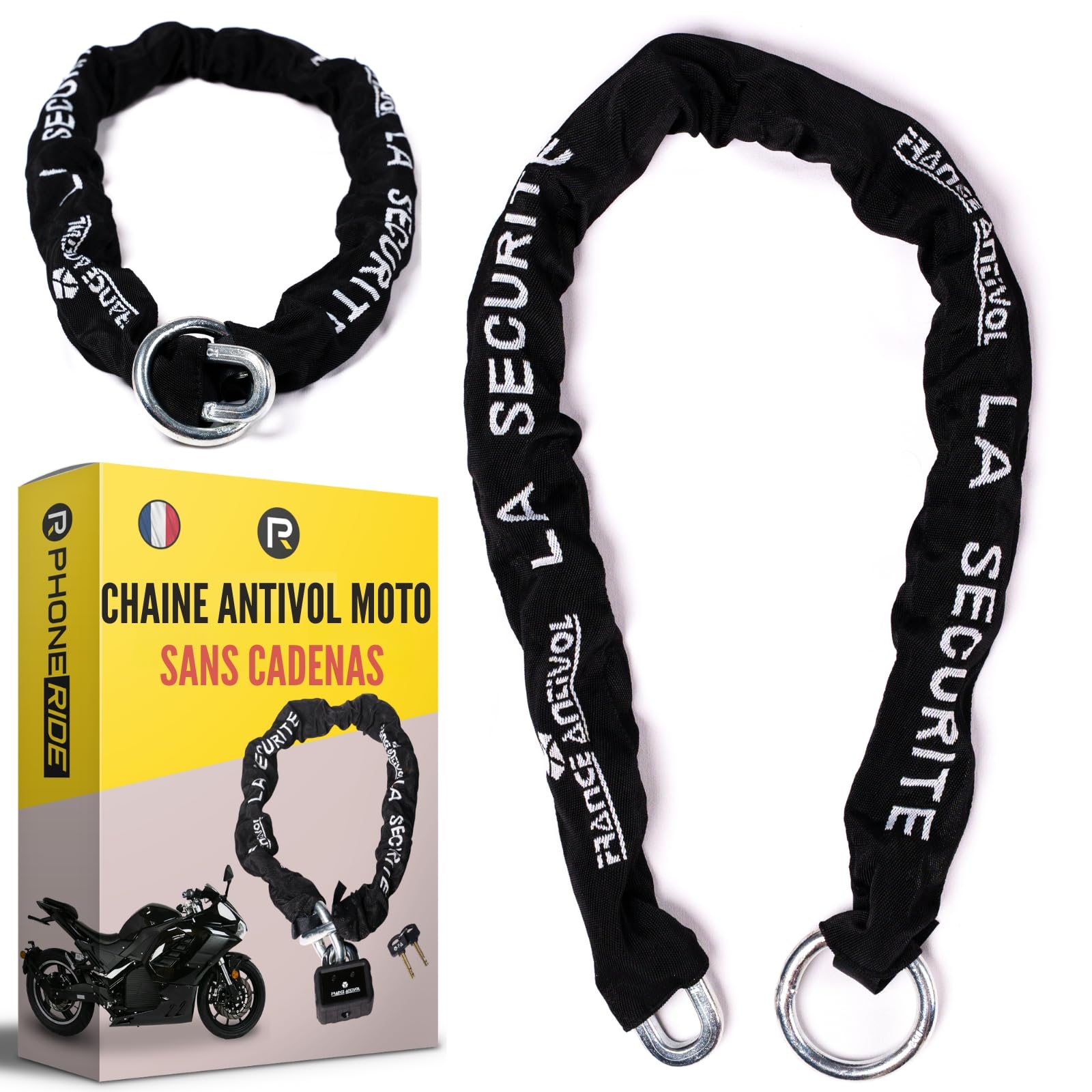 Chaine Moto Lasso - Scooter - Antivol Velo Electrique Ø10mm - Chaine Antivol Moto en Acier Cémenté SANS Cadenas Velo Antivol/Moto/Scooter - Longueur Chaine 115,5cm